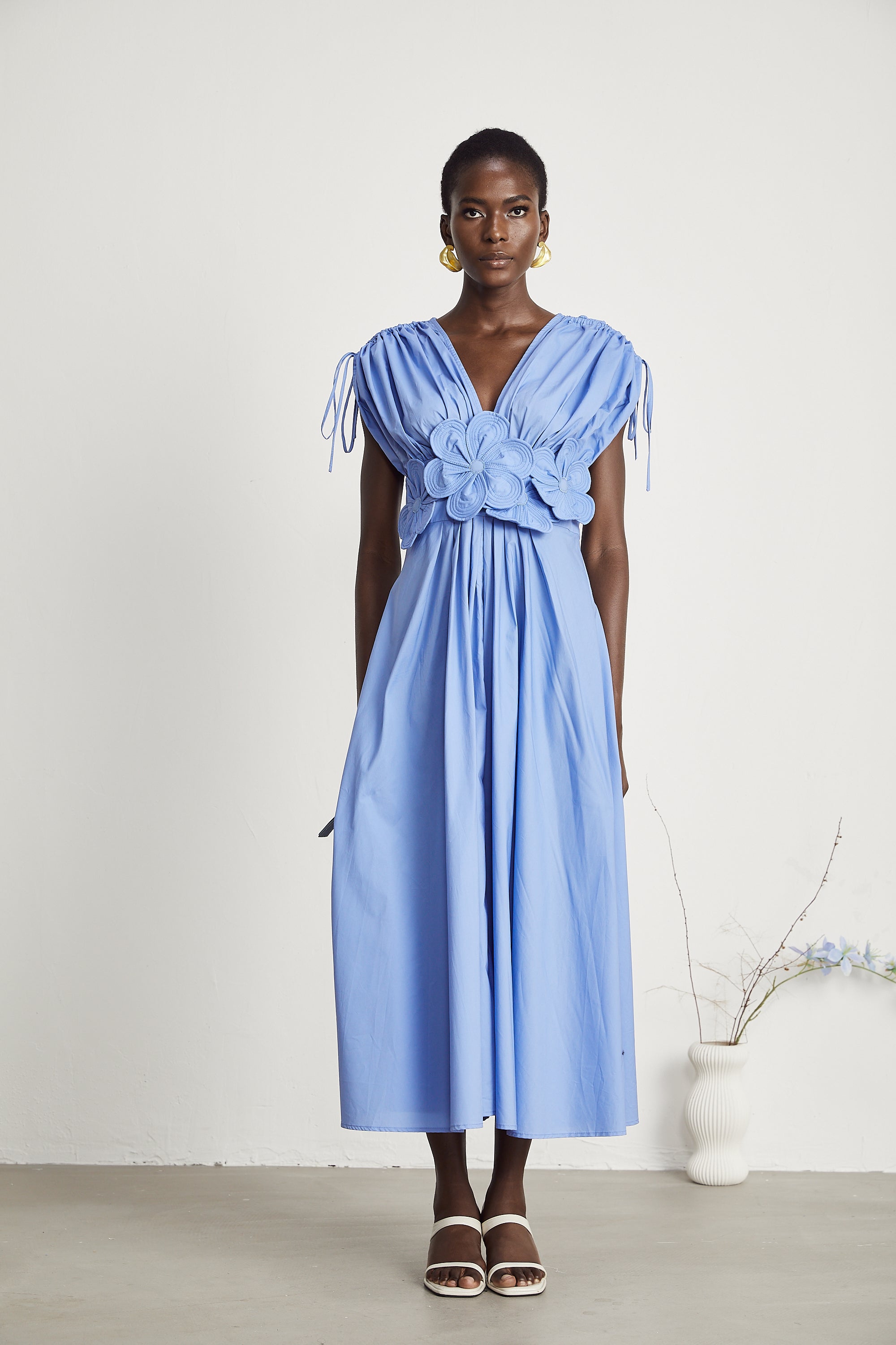 Emma petal-detail drawstring maxi dress in Blue (Final Sale)