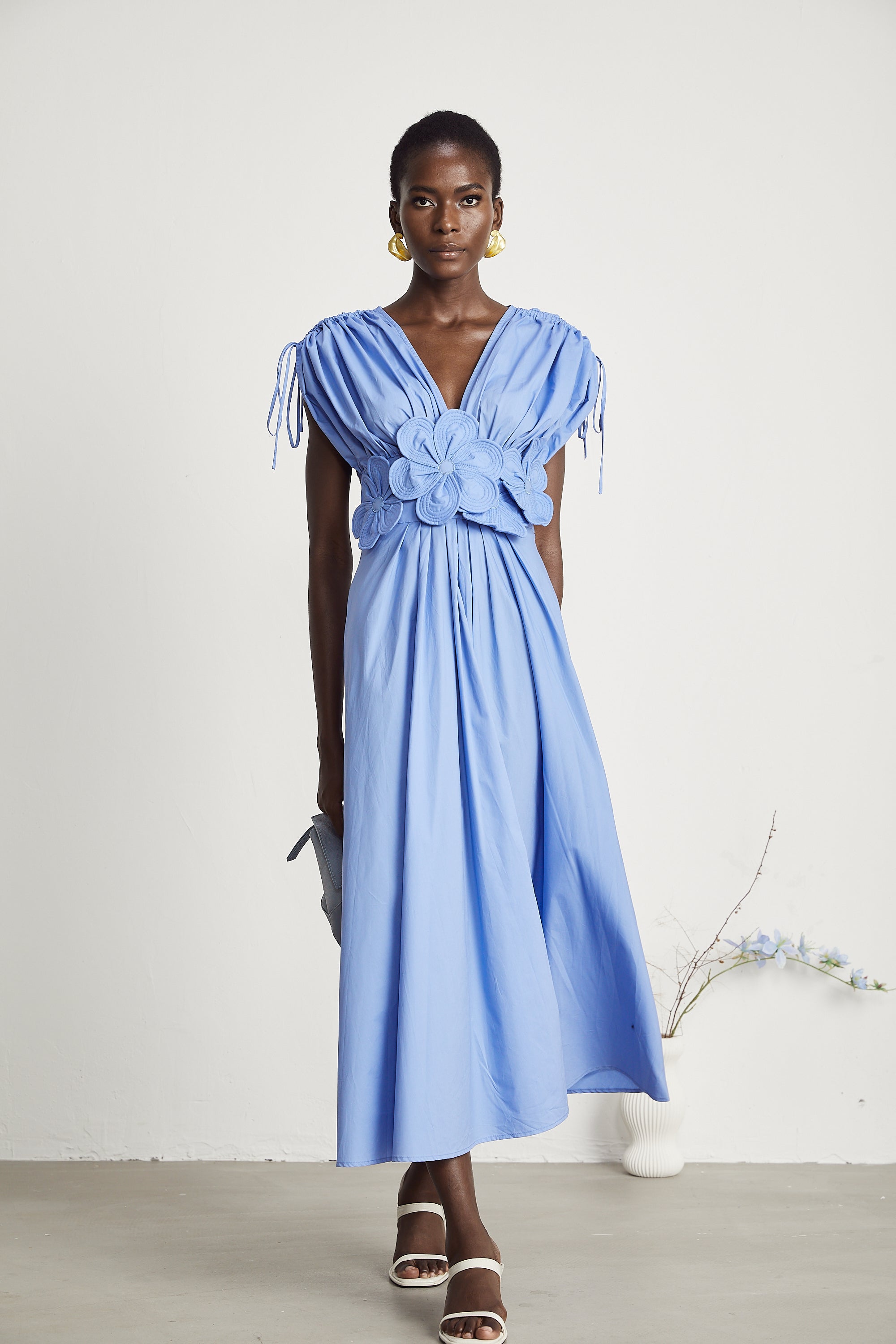 Emma petal-detail drawstring maxi dress in Blue (Final Sale)