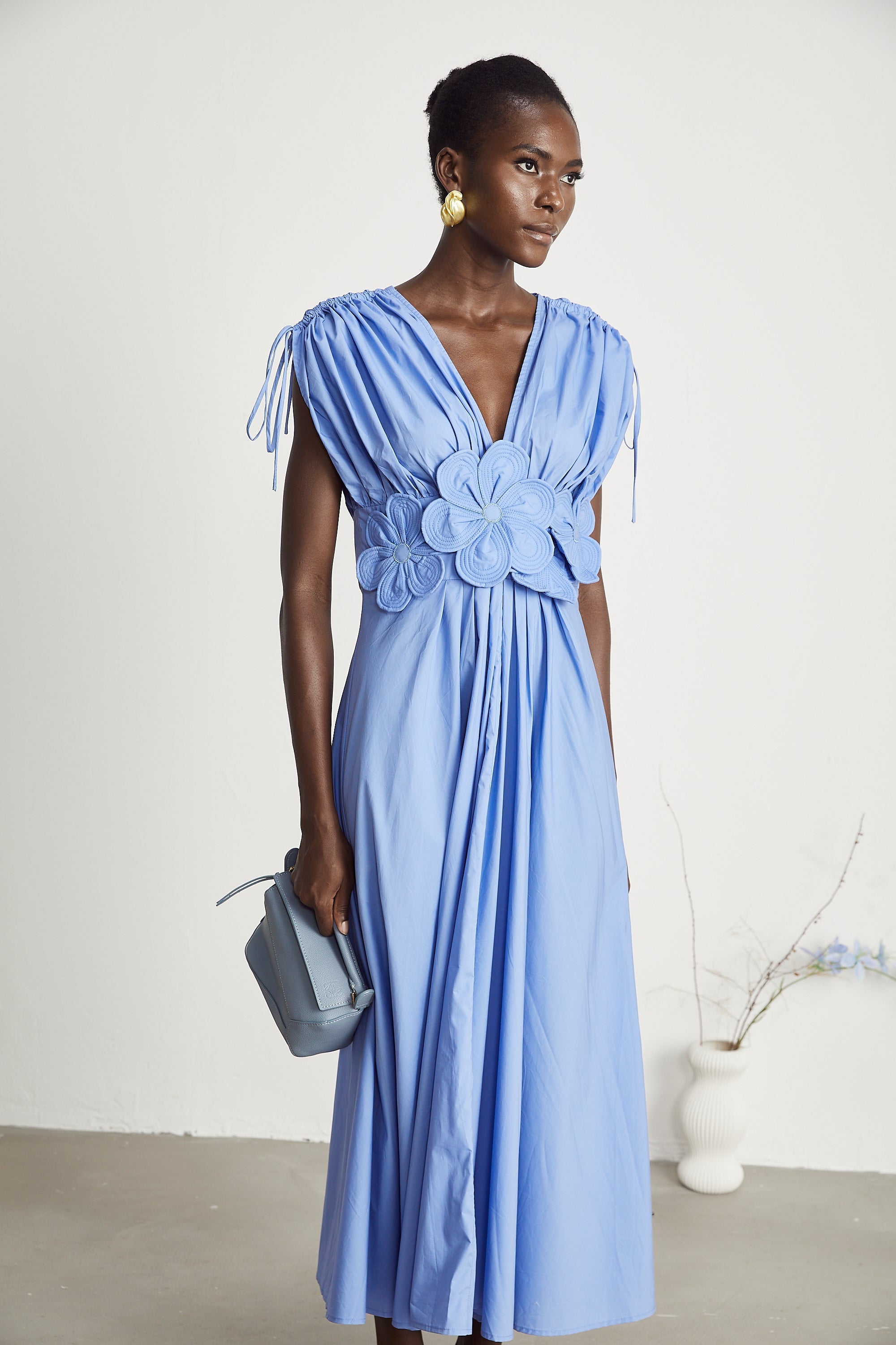 Emma petal-detail drawstring maxi dress in Blue (Final Sale)