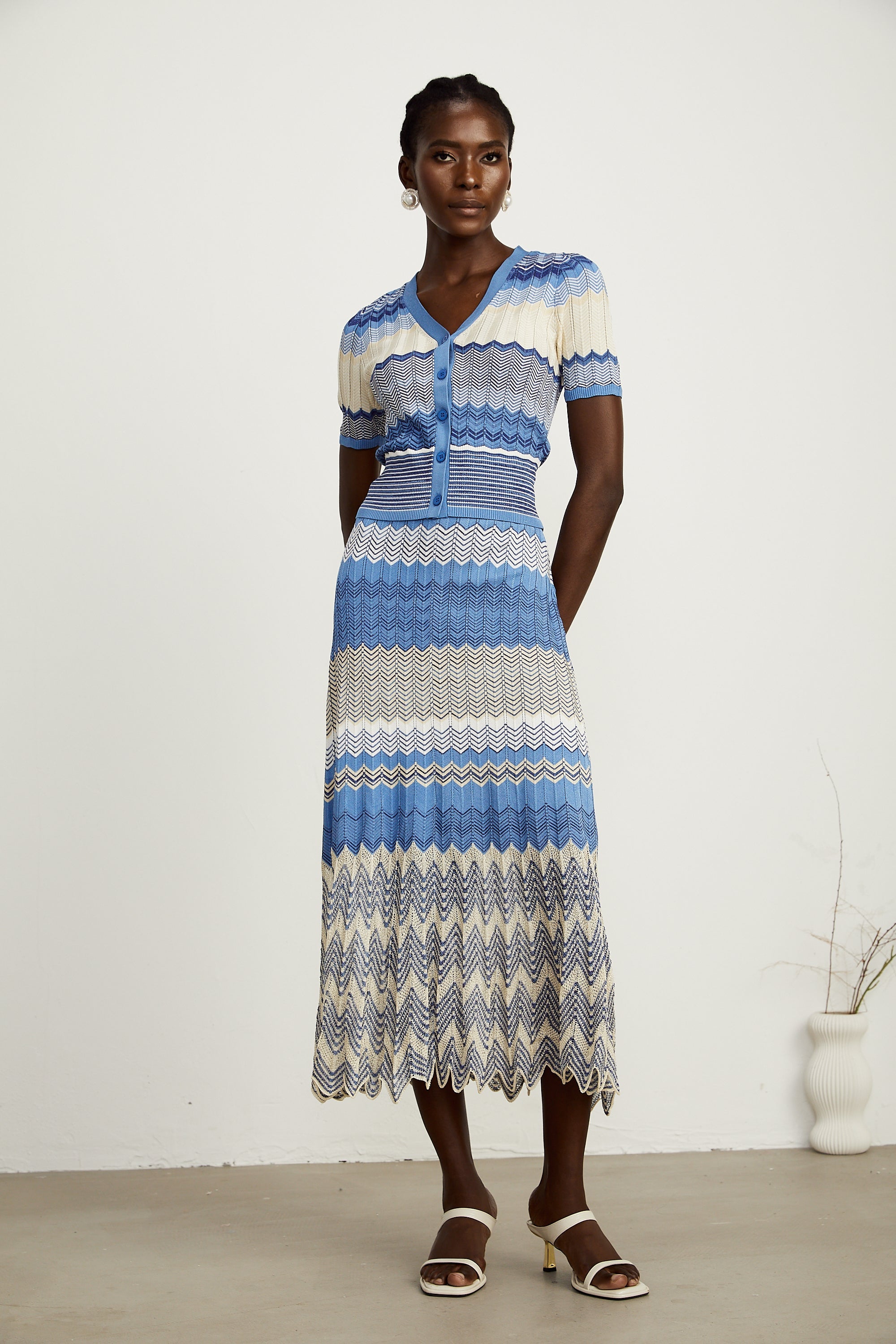 Daniela blue zigzag-design knit top & skirt matching set (Final Sale-US Only)