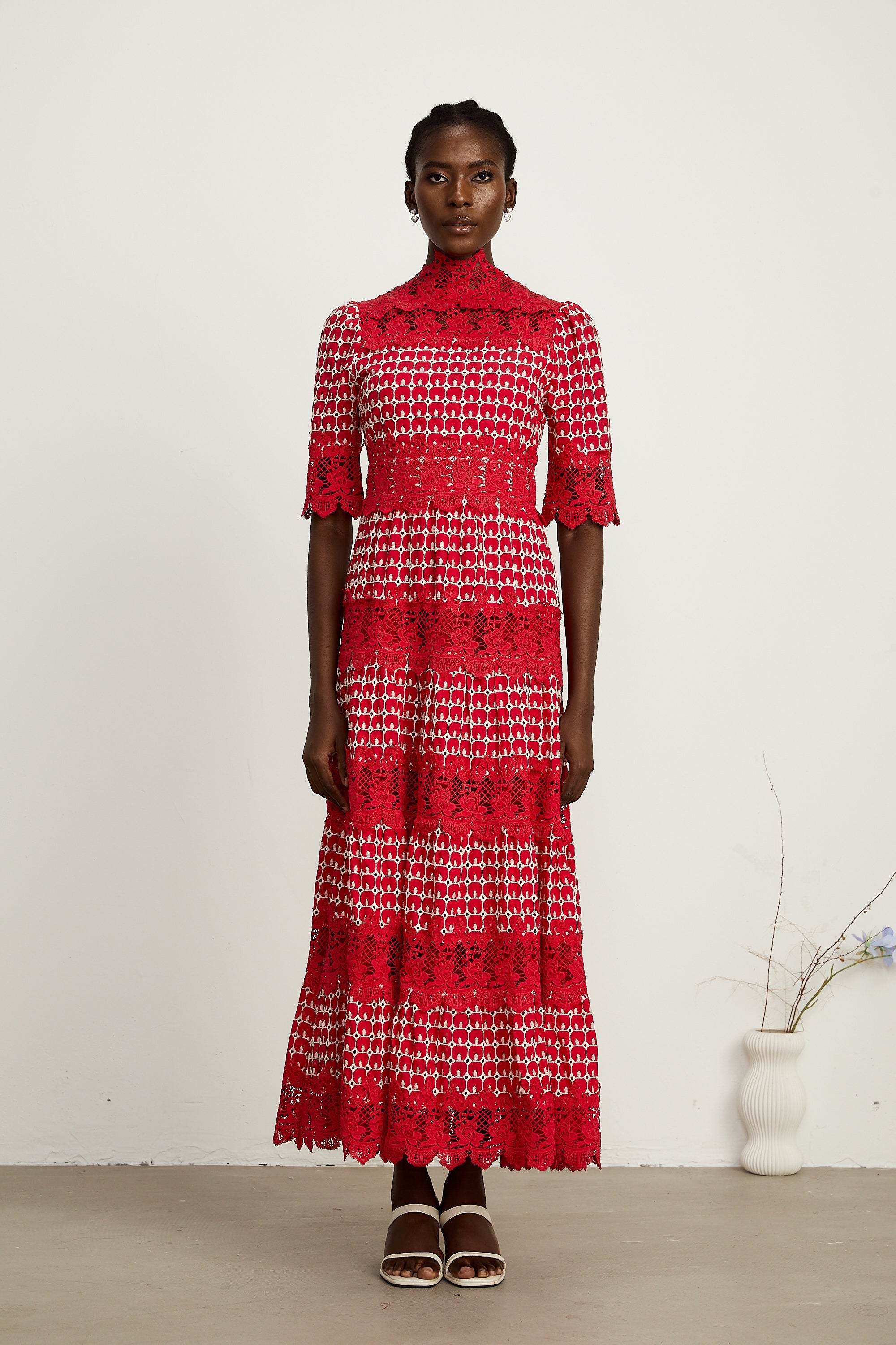 Chantal red scallop-pattern lace-panel maxi dress (Final Sale-US Only)