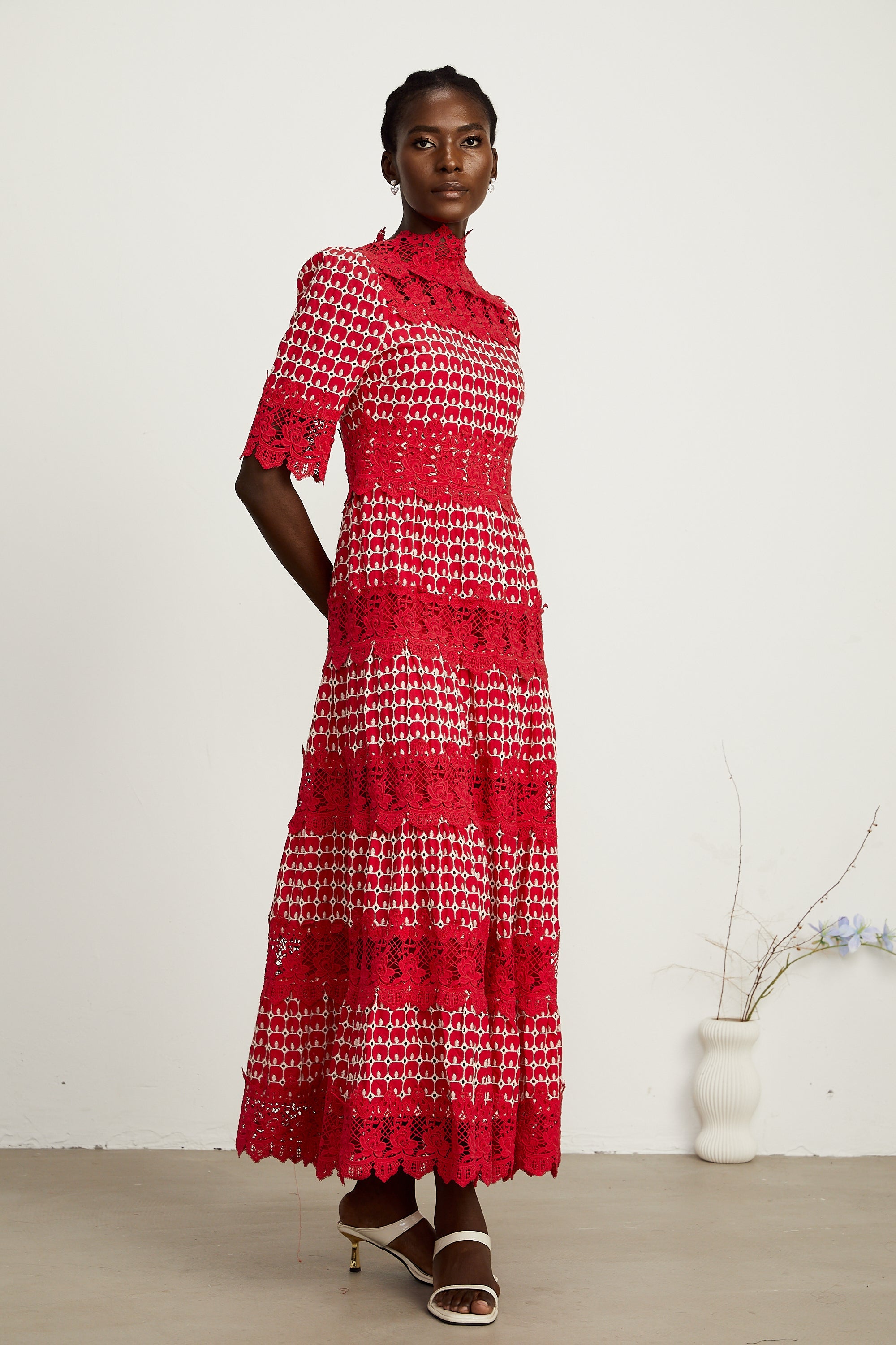 Chantal red scallop-pattern lace-panel maxi dress (Final Sale-US Only)