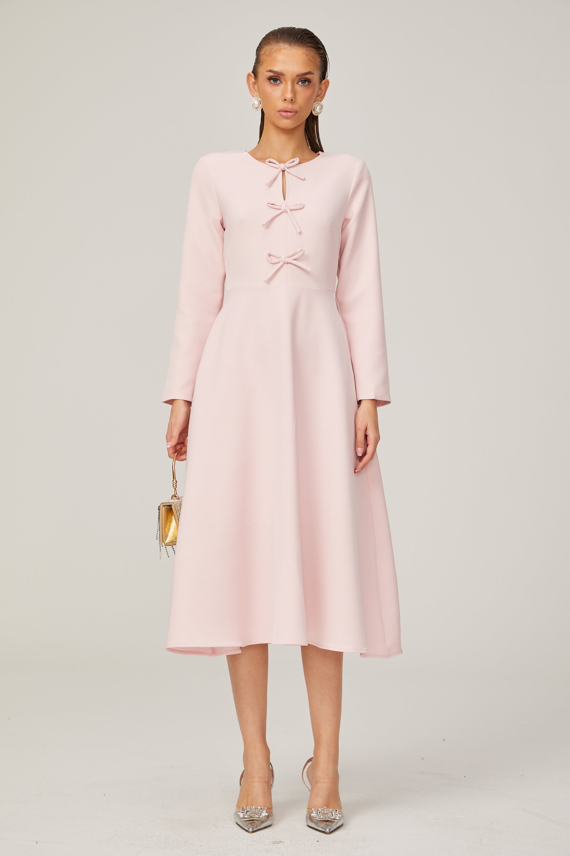 Elise pink bow-detail split-neck midi dress (Final Sale)