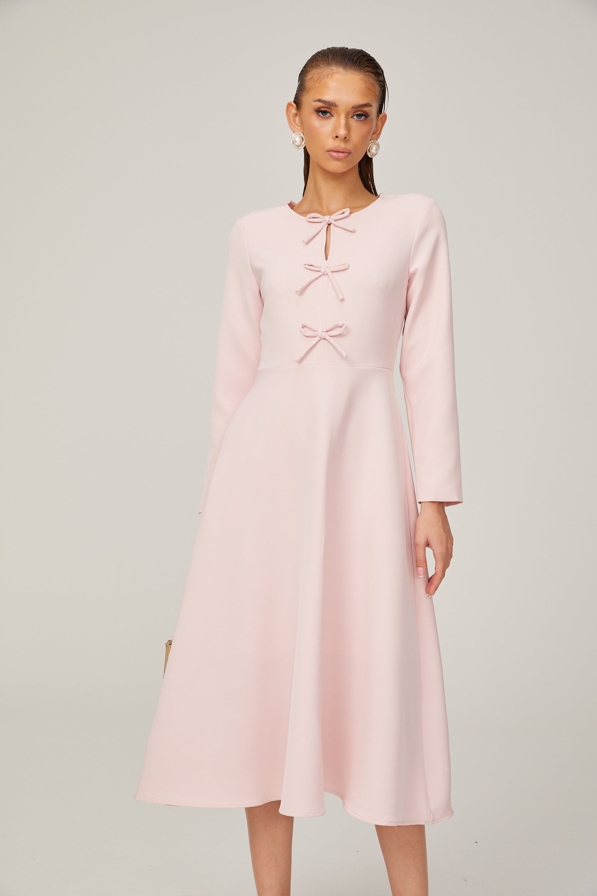 Elise pink bow-detail split-neck midi dress (Final Sale)