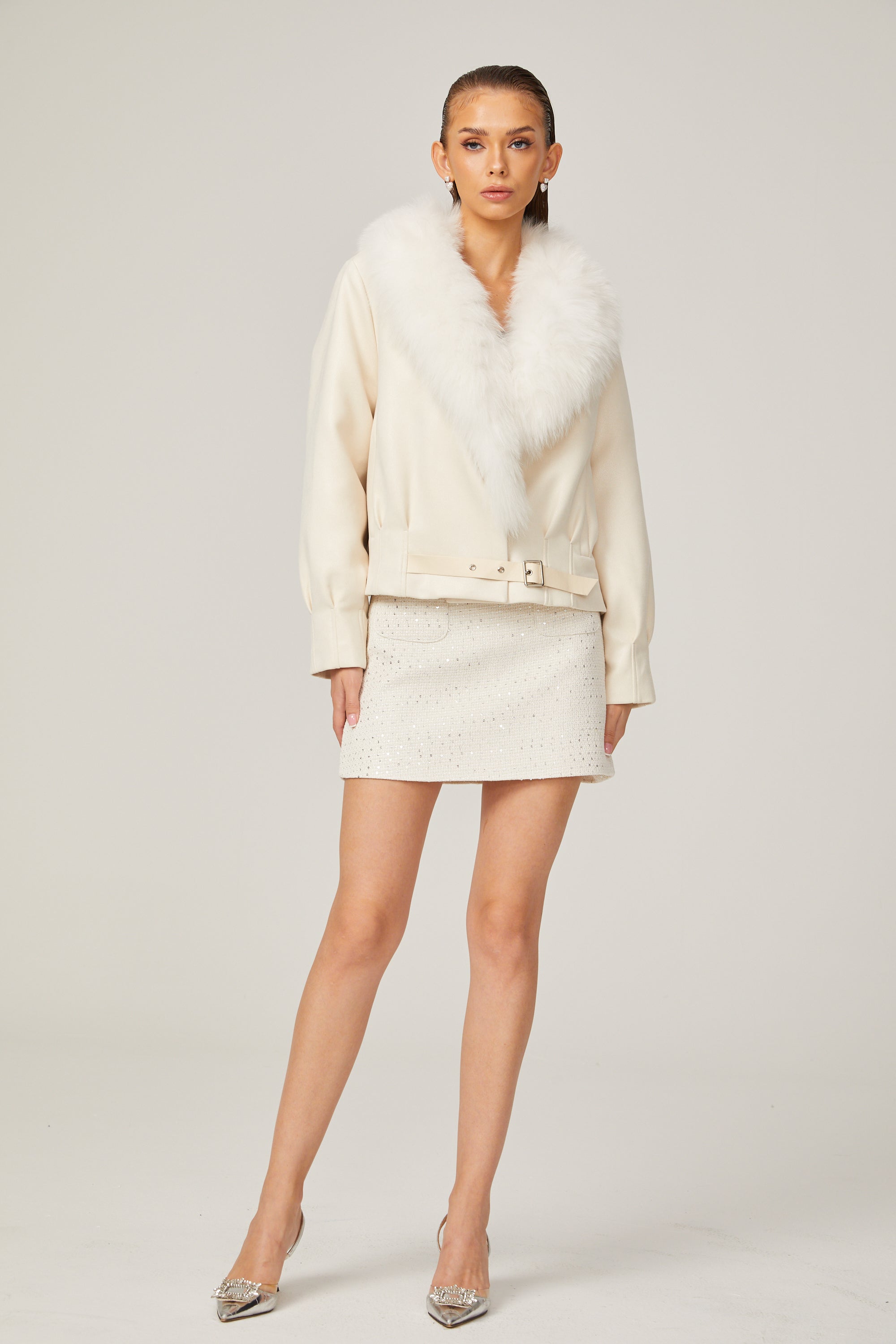 Veste en daim blanc et fourrure Évangéline (Vente définitive)