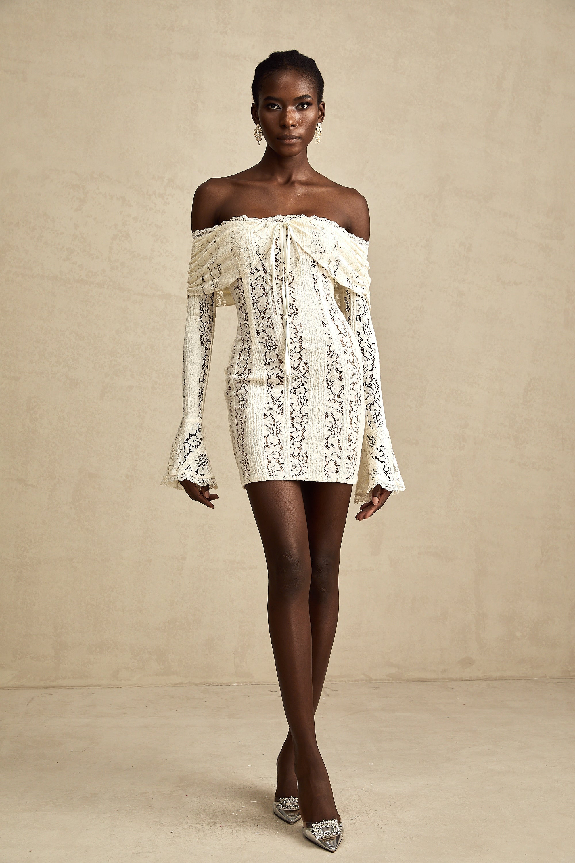 Émeline floral lace flared-cuff mini dress in Neutrals (Final Sale-US Only)