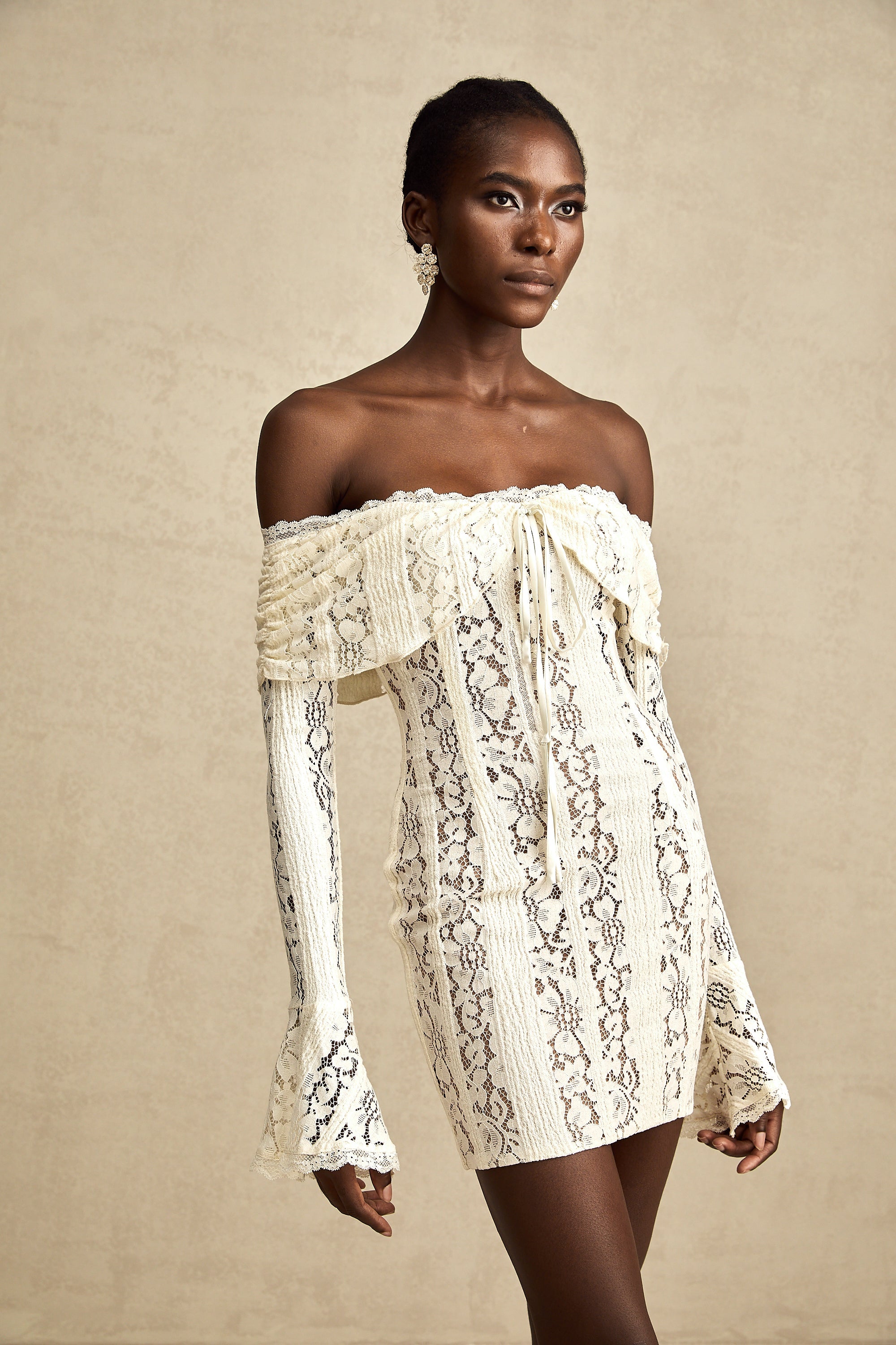 Émeline floral lace flared-cuff mini dress in Neutrals (Final Sale-US Only)
