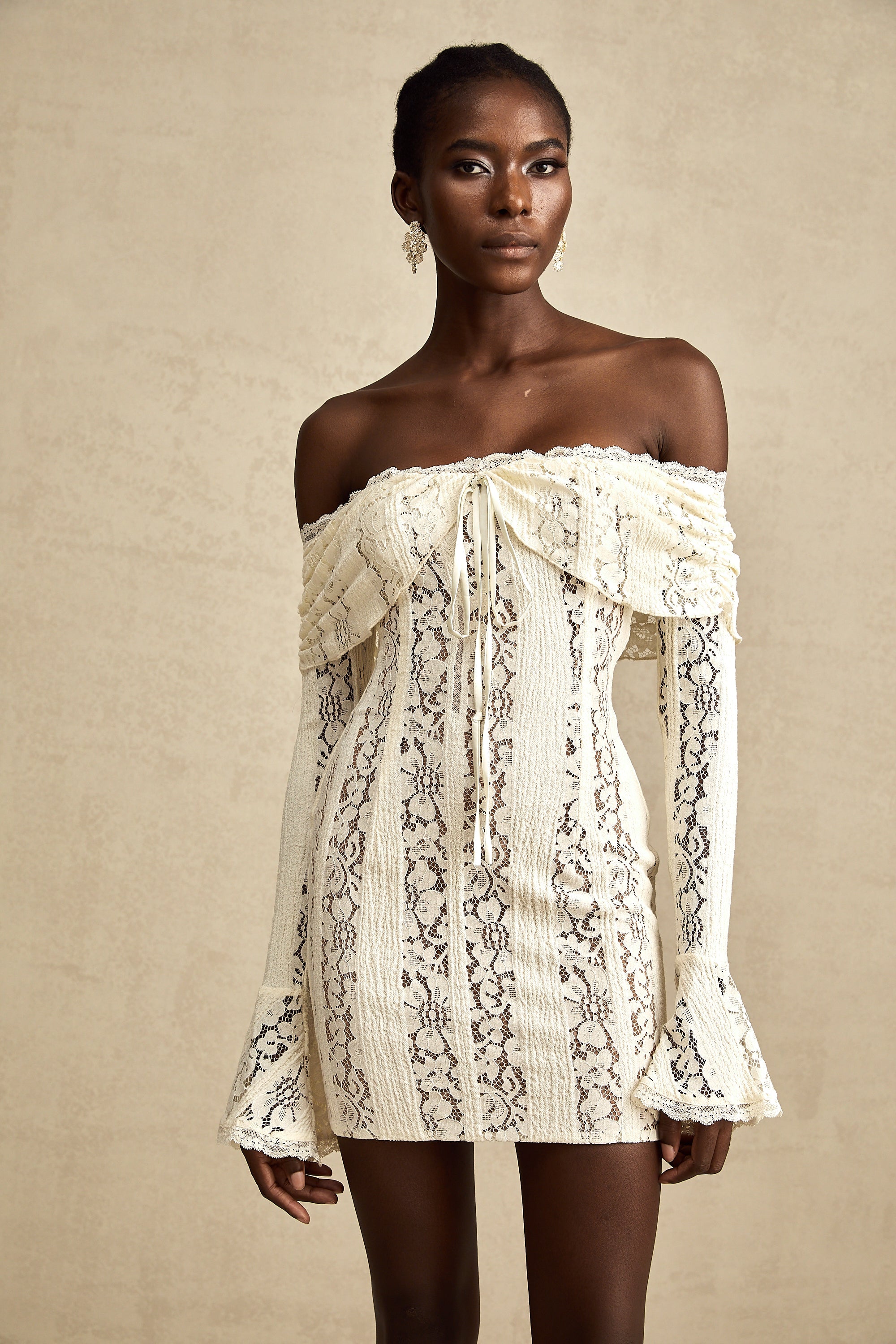 Émeline floral lace flared-cuff mini dress in Neutrals (Final Sale-US Only)