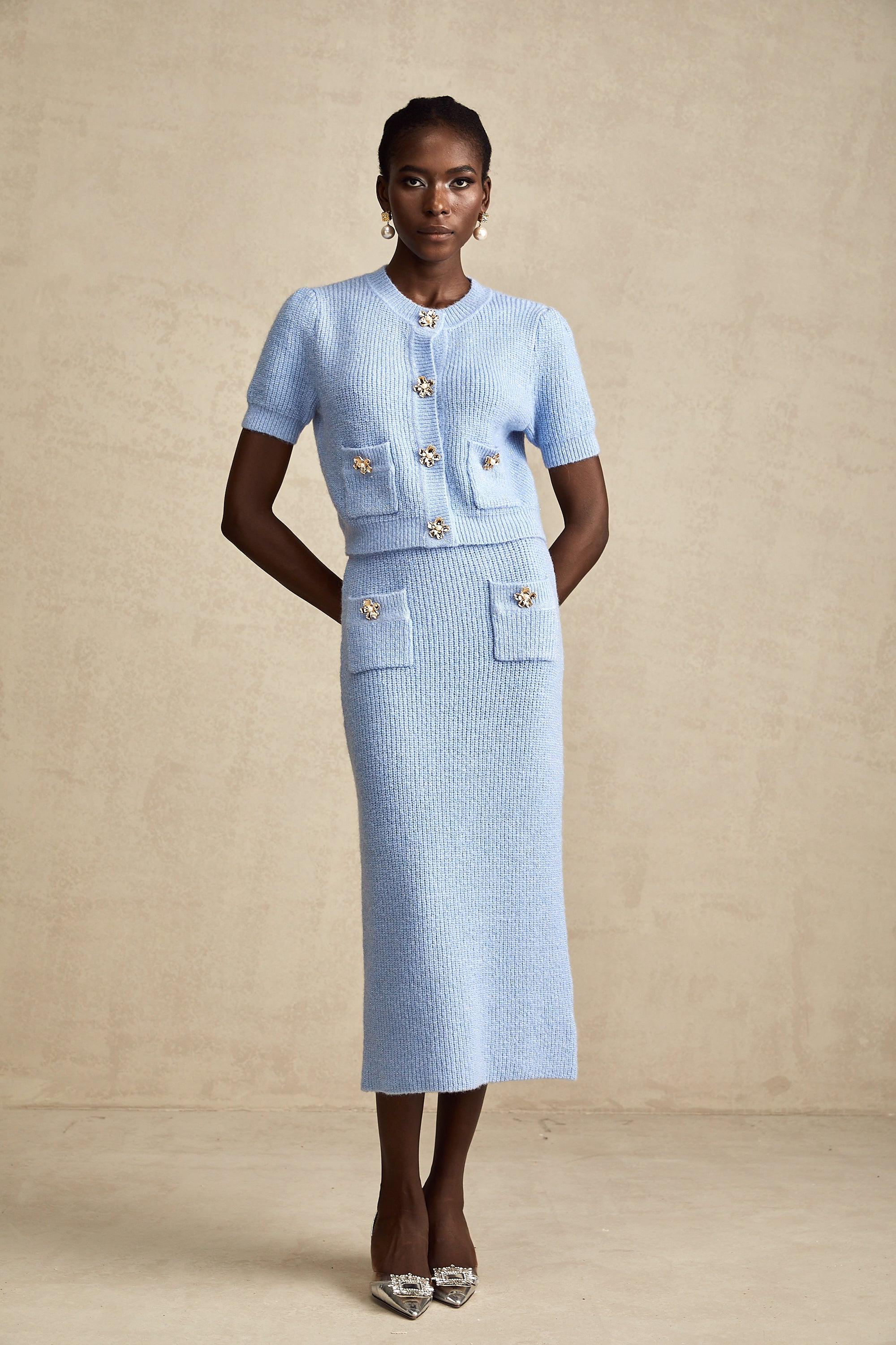 Chantal Blue Knit Two-Piece Blouse and Skirt Set (Final Sale)