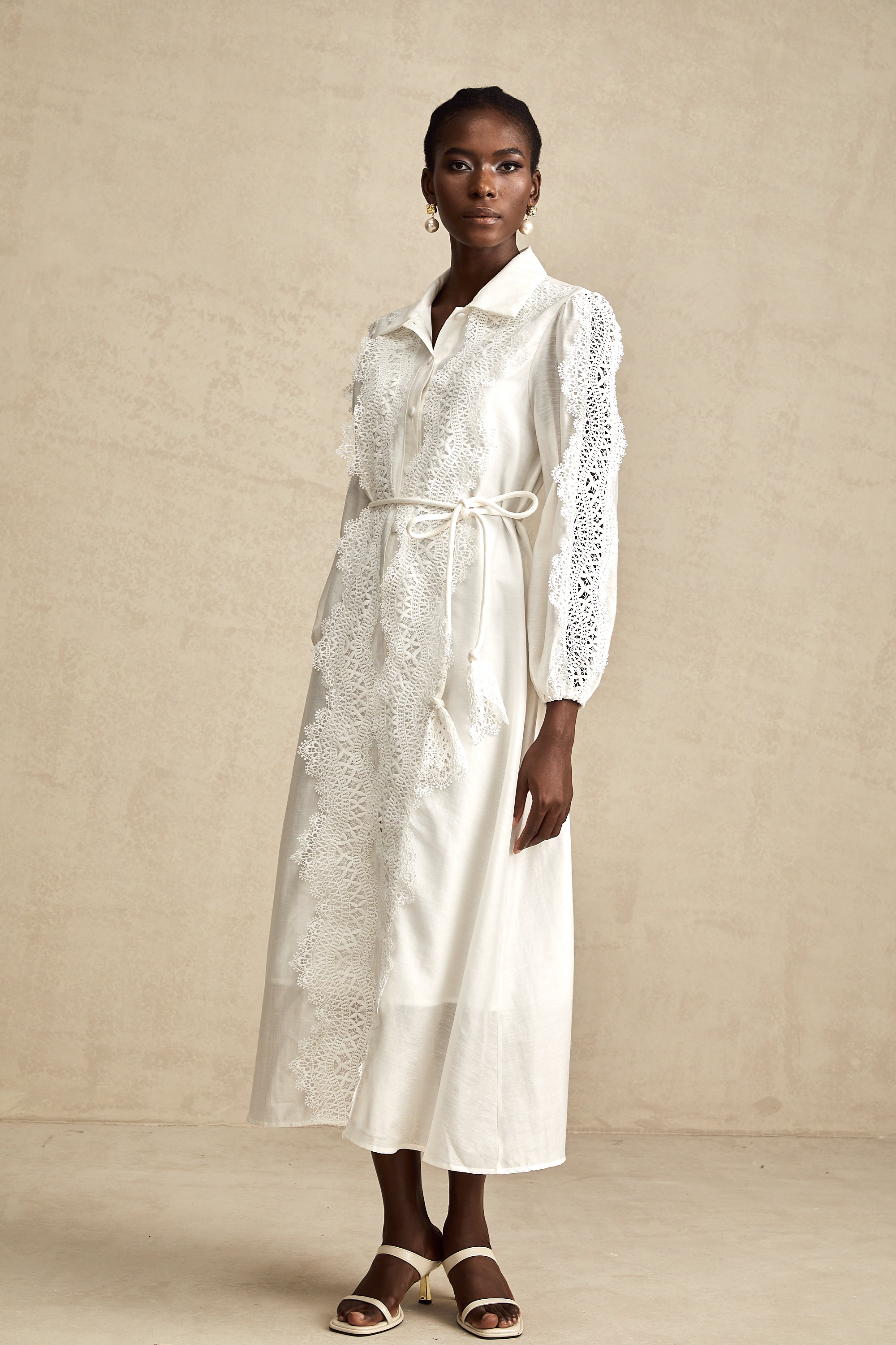 Colette white lace-detail tied-waist midi dress (Final Sale-US Only)