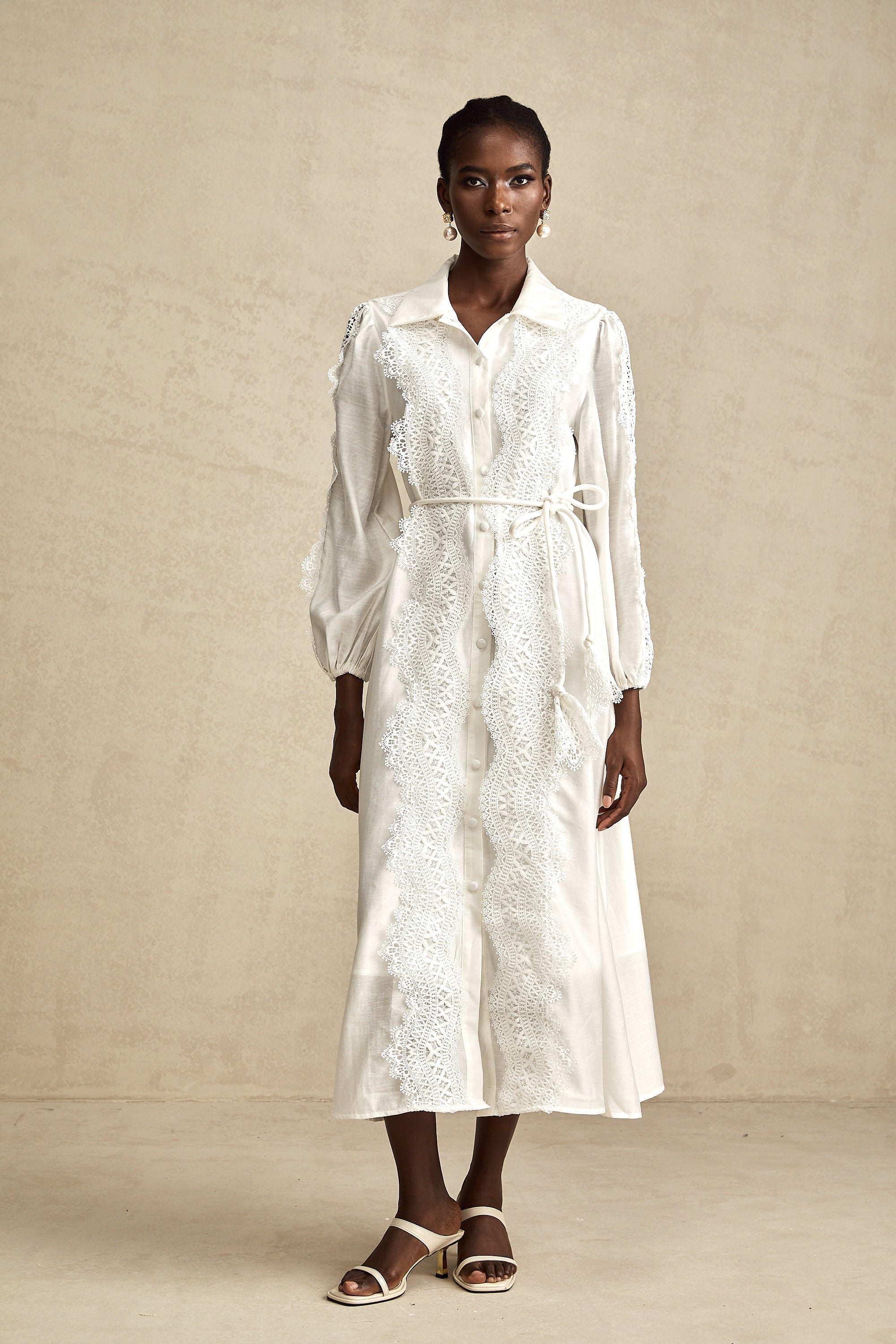 Colette white lace-detail tied-waist midi dress (Final Sale-US Only)