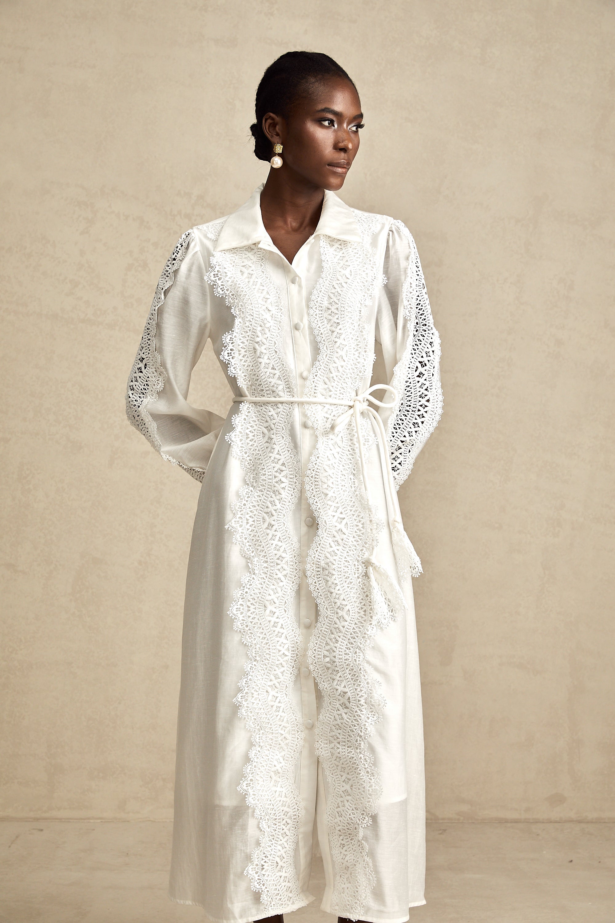 Colette white lace-detail tied-waist midi dress (Final Sale-US Only)