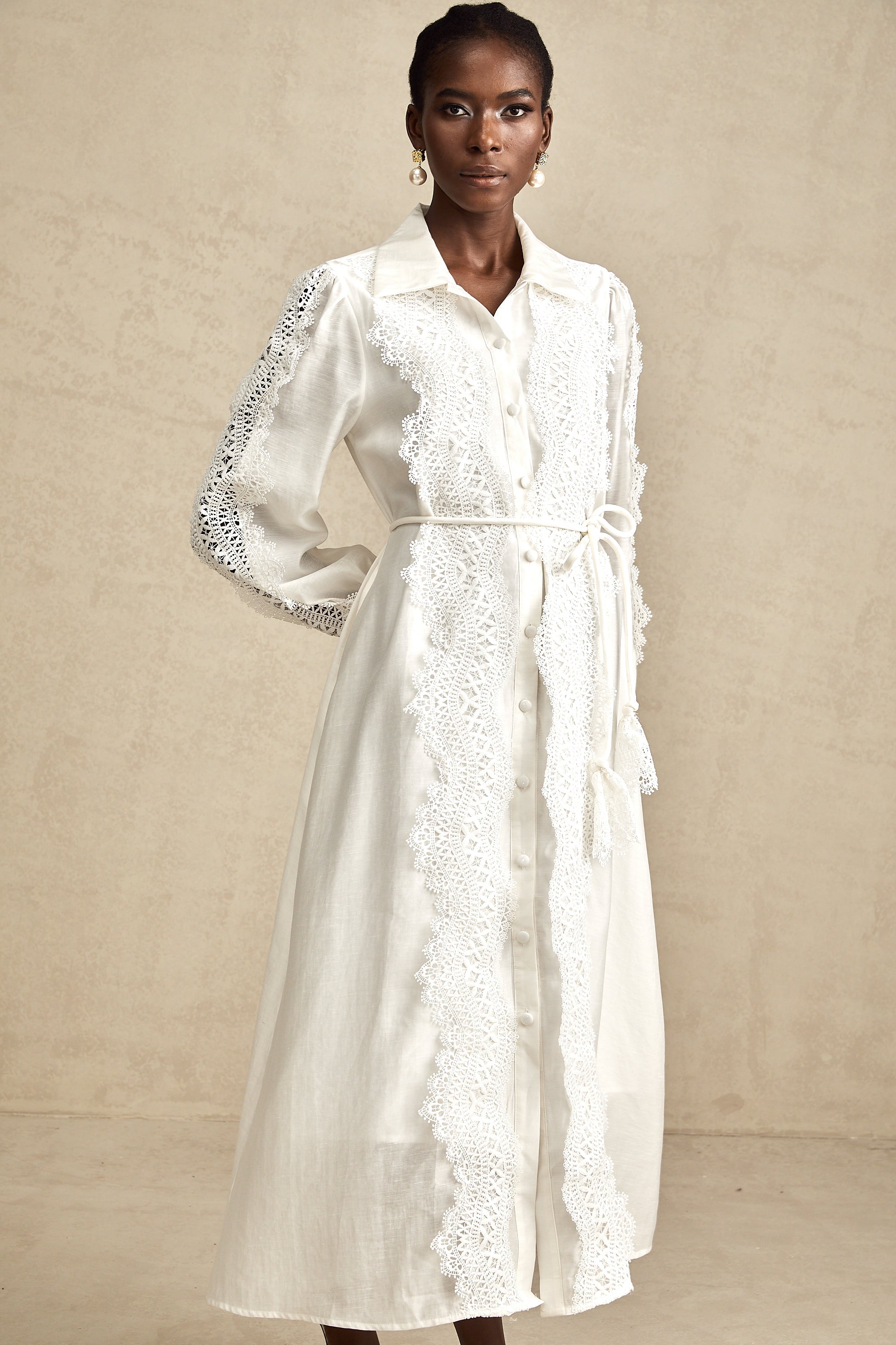 Colette white lace-detail tied-waist midi dress (Final Sale-US Only)