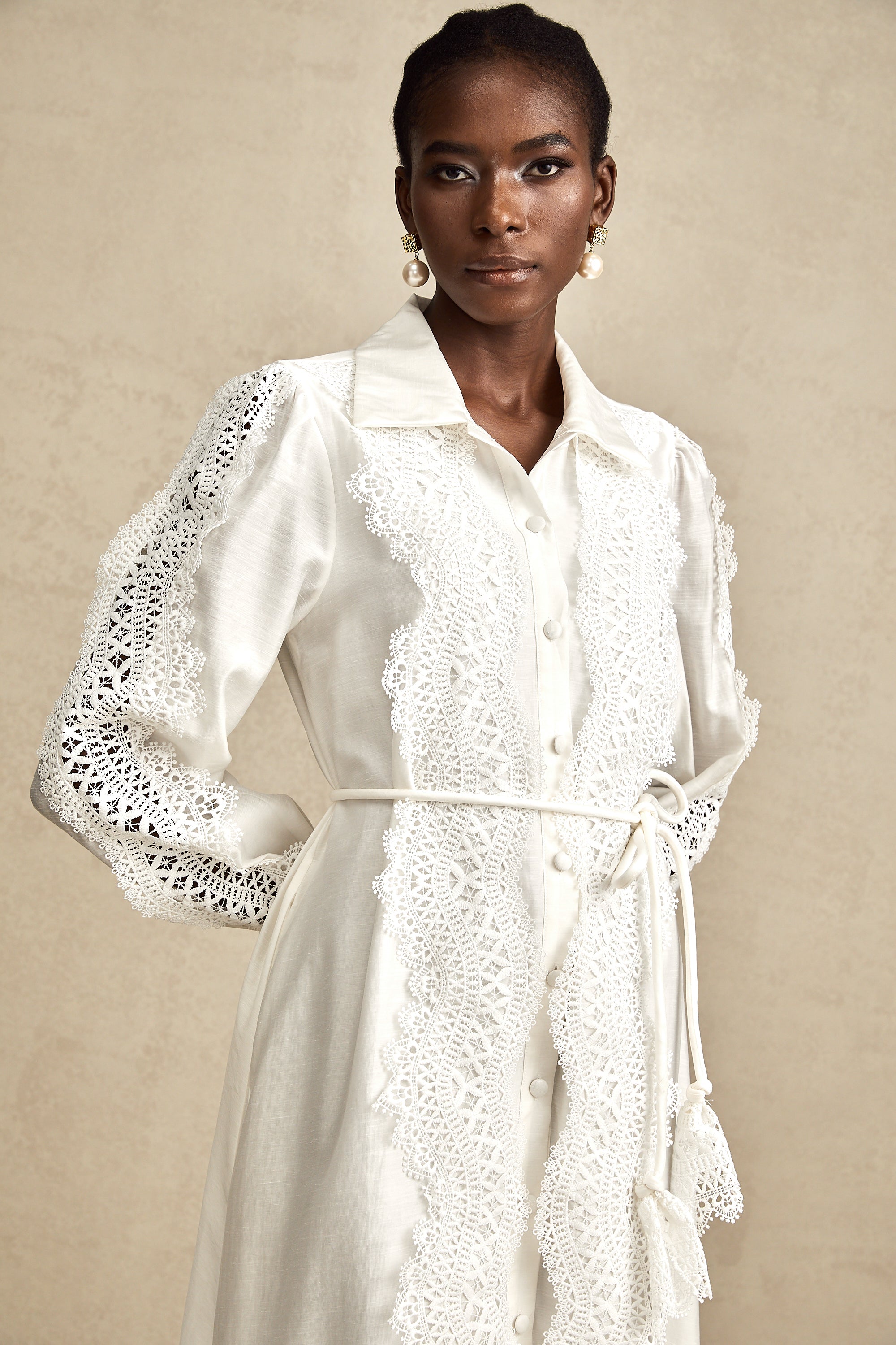 Colette white lace-detail tied-waist midi dress (Final Sale-US Only)