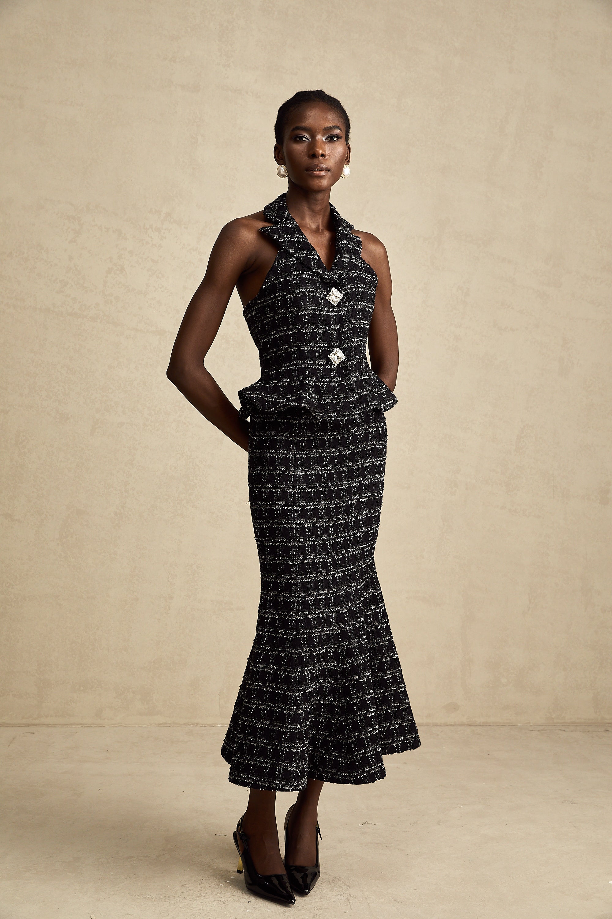 Axelle black checked tweed vest top & skirt matching set (Final Sale)