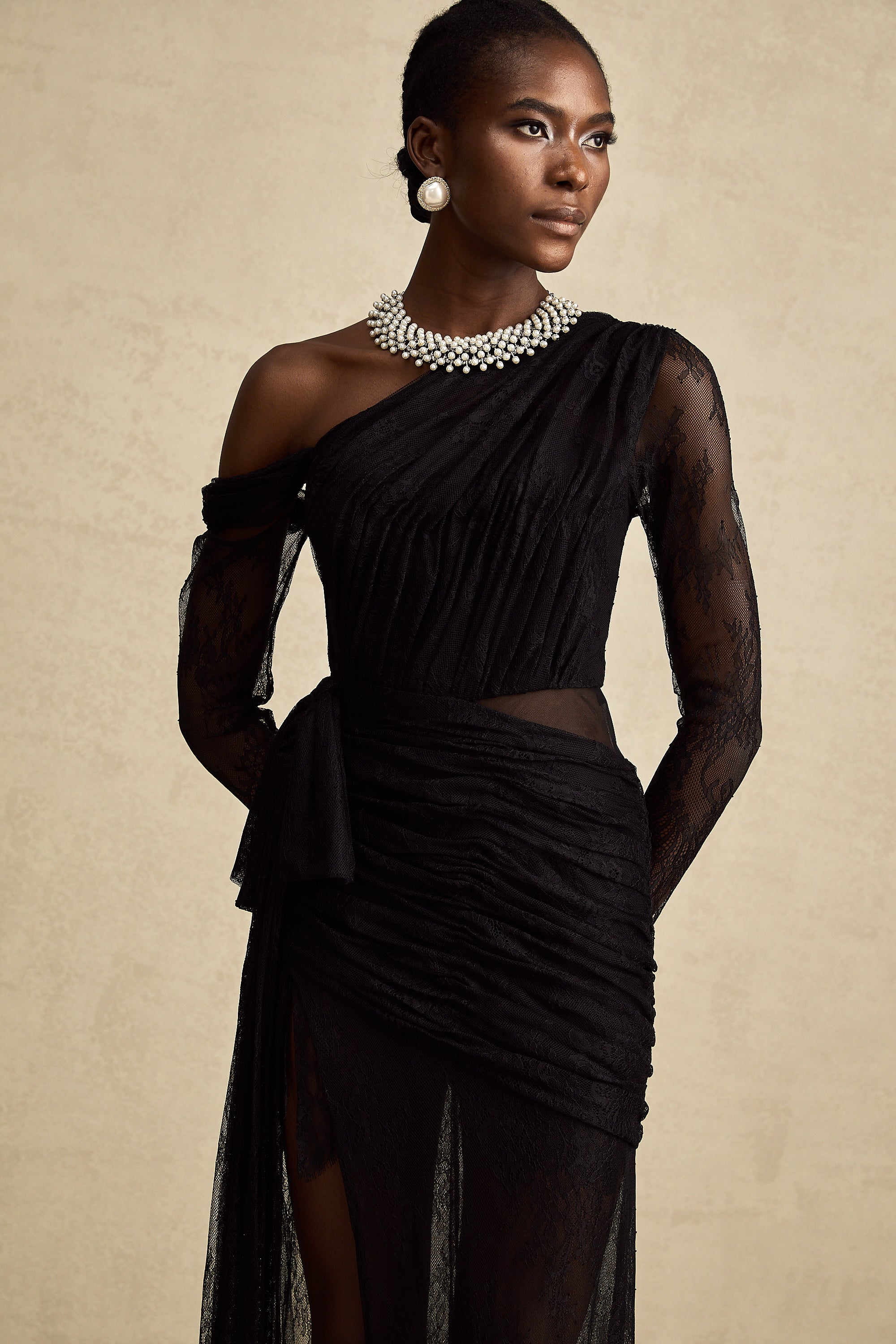 Black One-Shoulder Lace Maxi Dress with Ruched Detailing and High Leg Slit