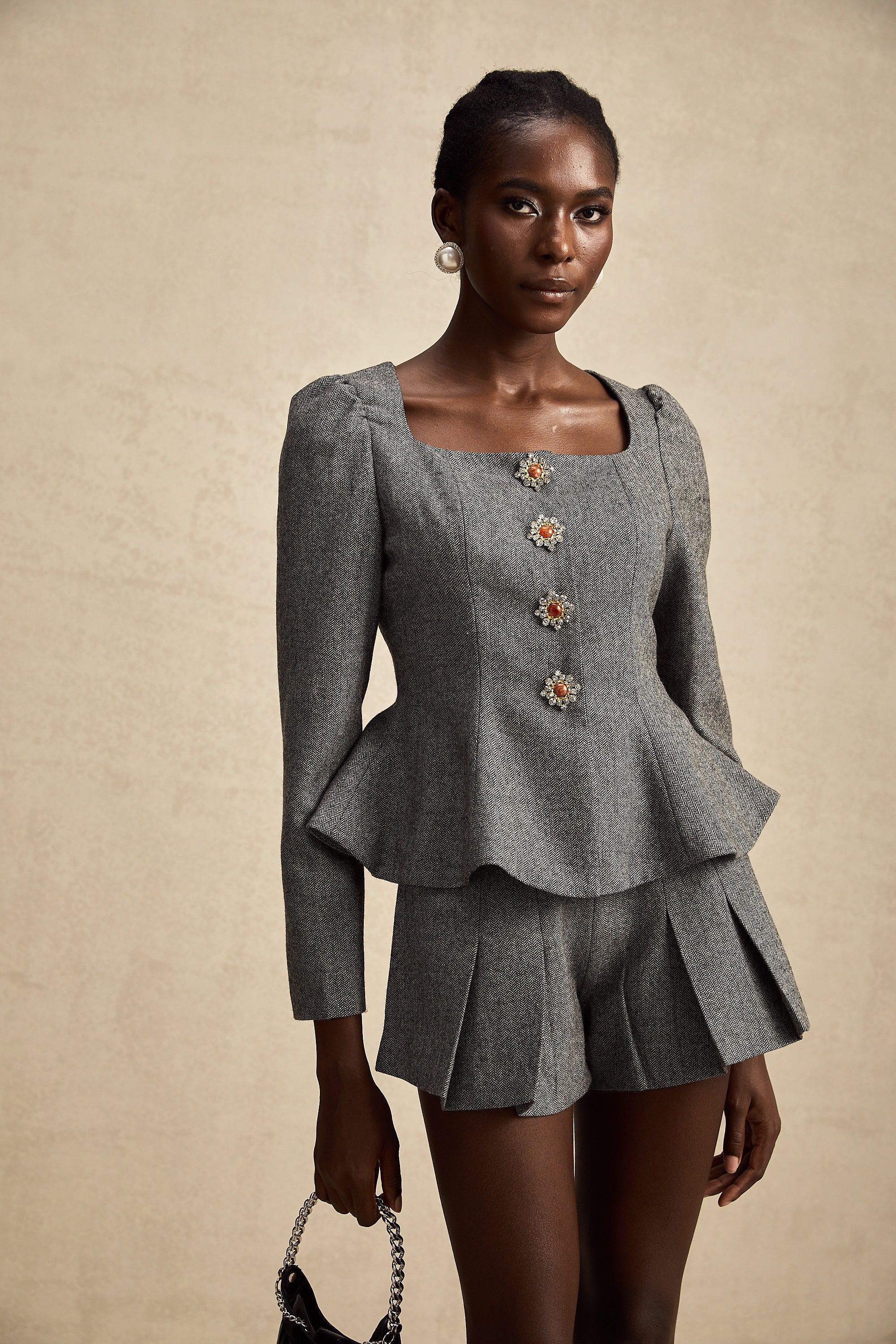 Agathe grey herringbone top & shorts matching set (Final Sale)
