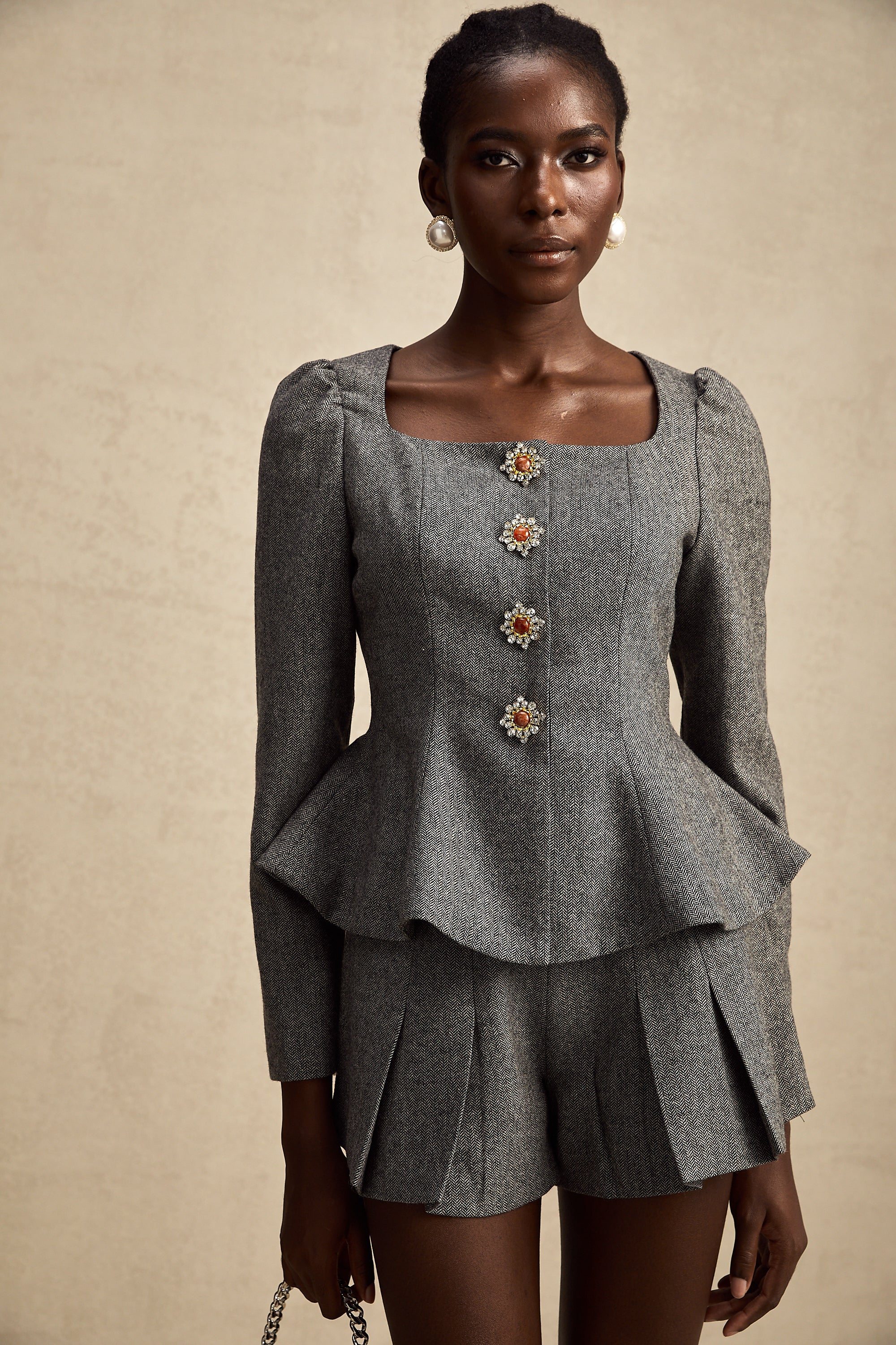 Agathe grey herringbone top & shorts matching set (Final Sale-US Only)