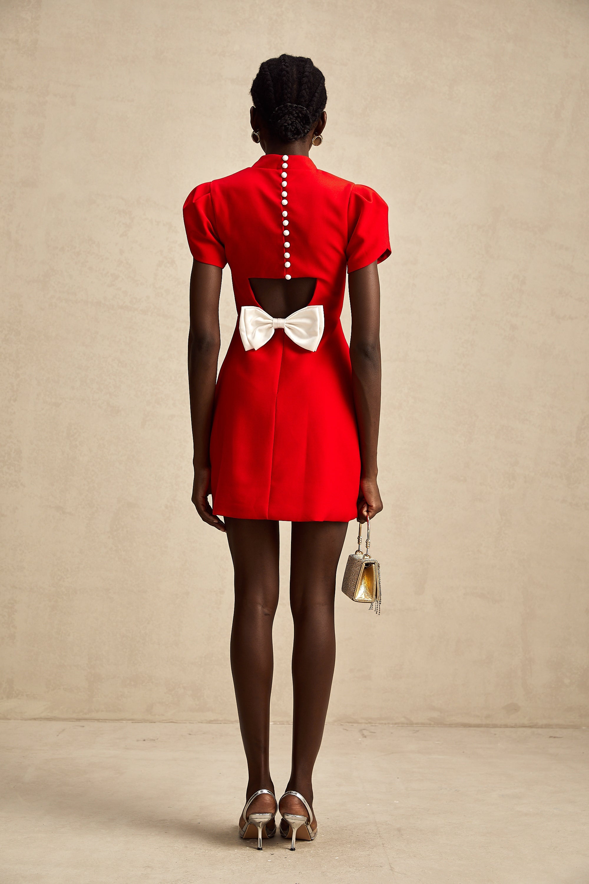 Anna red petal-sleeve cut-out bow mini dress (Final Sale)
