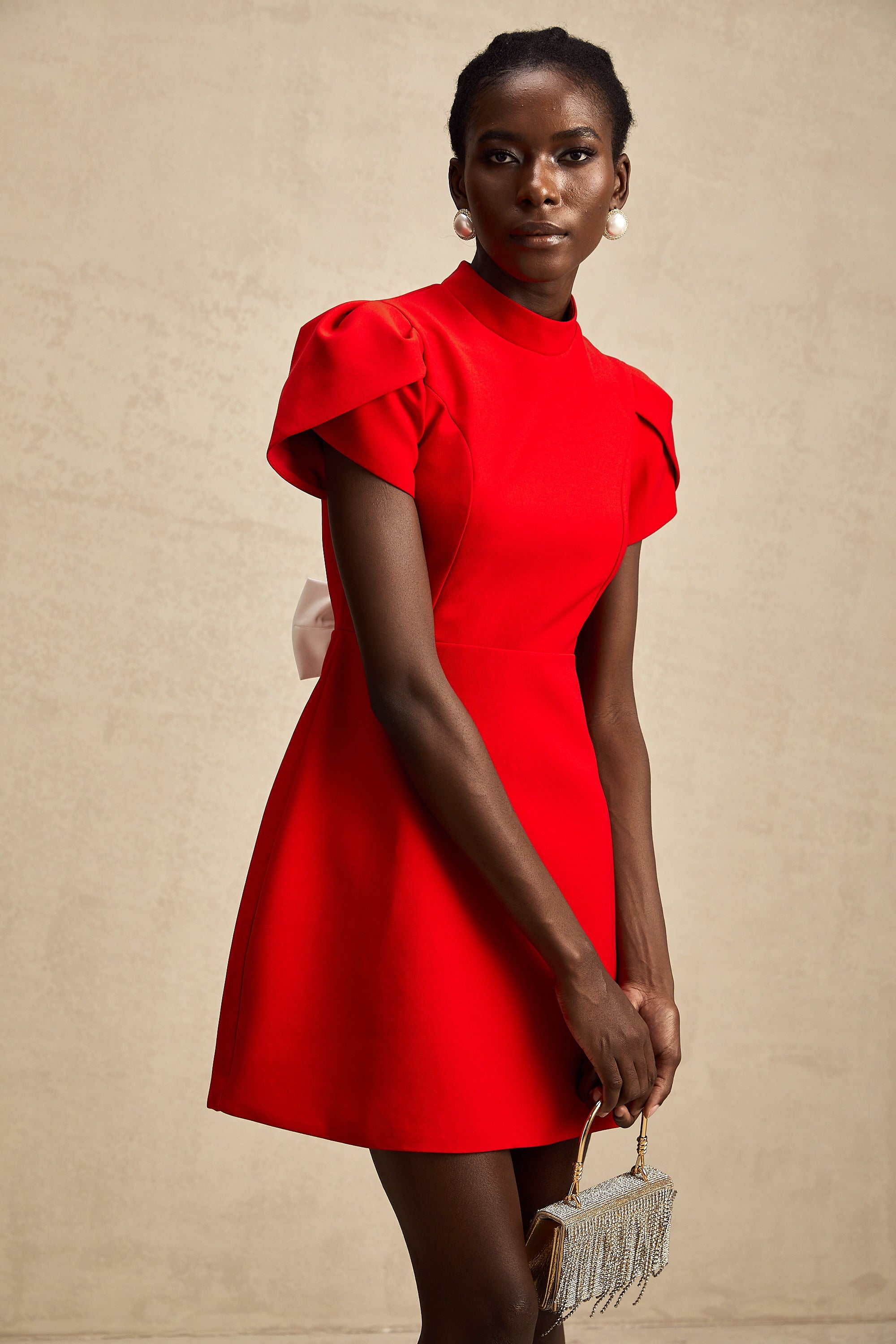 Anna red petal-sleeve cut-out bow mini dress (Final Sale)