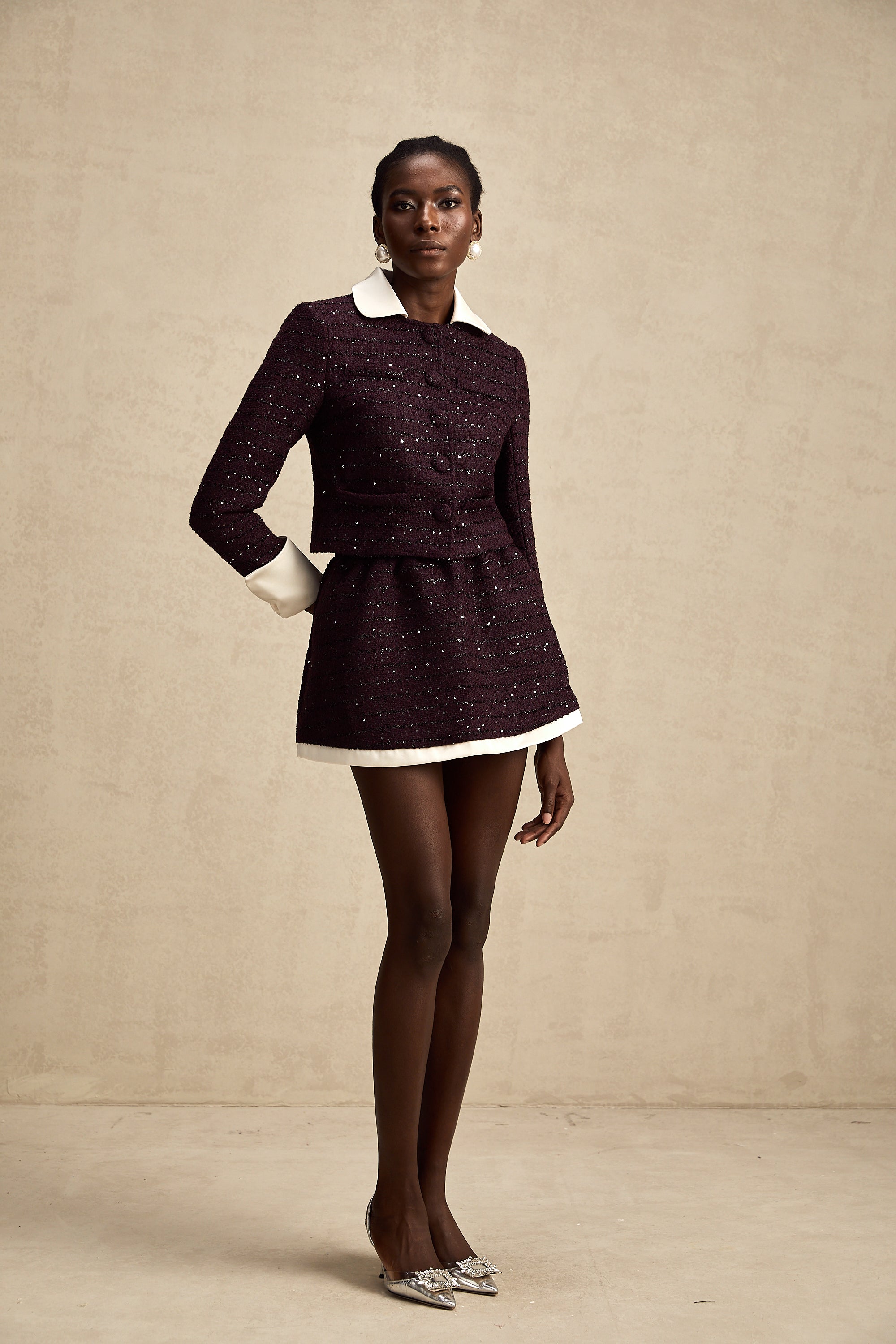 Brigitte purple sequined tweed jacket & skirt matching set (Final Sale-US Only)