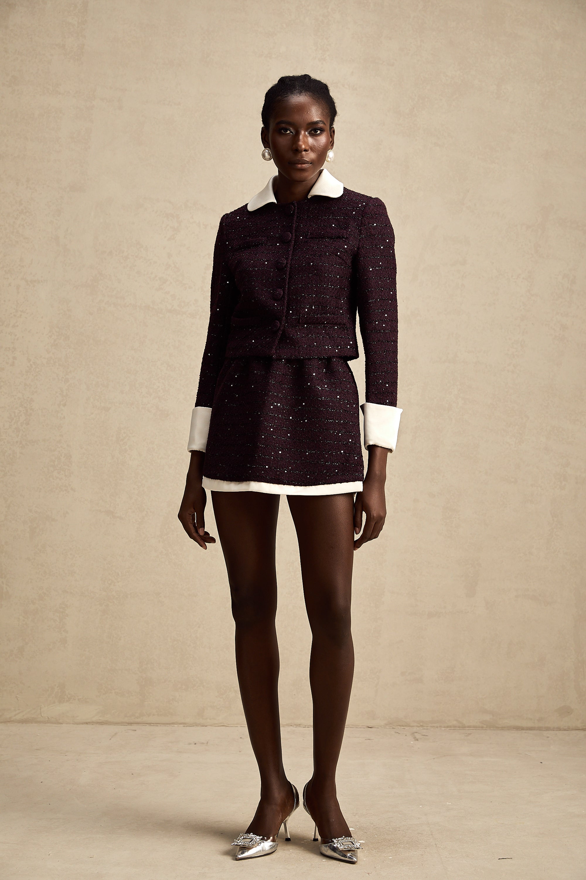Brigitte purple sequined tweed jacket & skirt matching set (Final Sale-US Only)