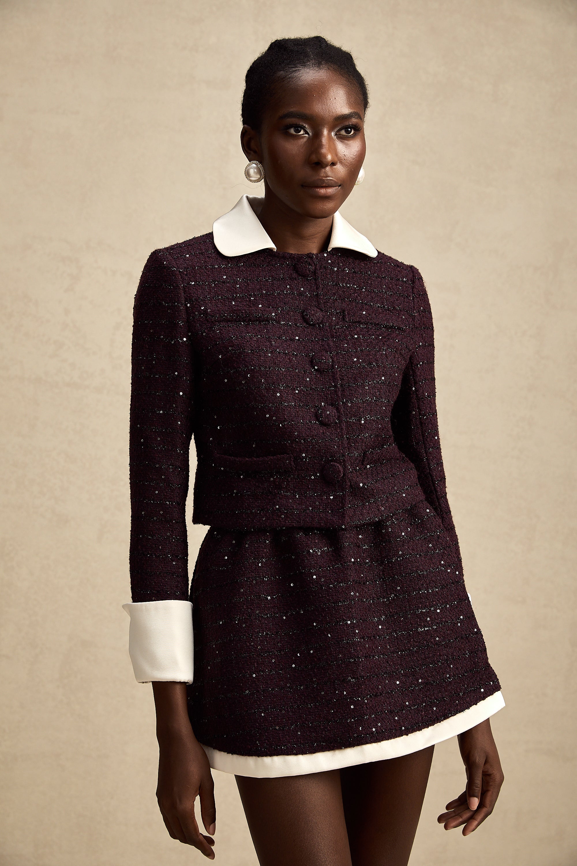 Brigitte purple sequined tweed jacket & skirt matching set (Final Sale-US Only)