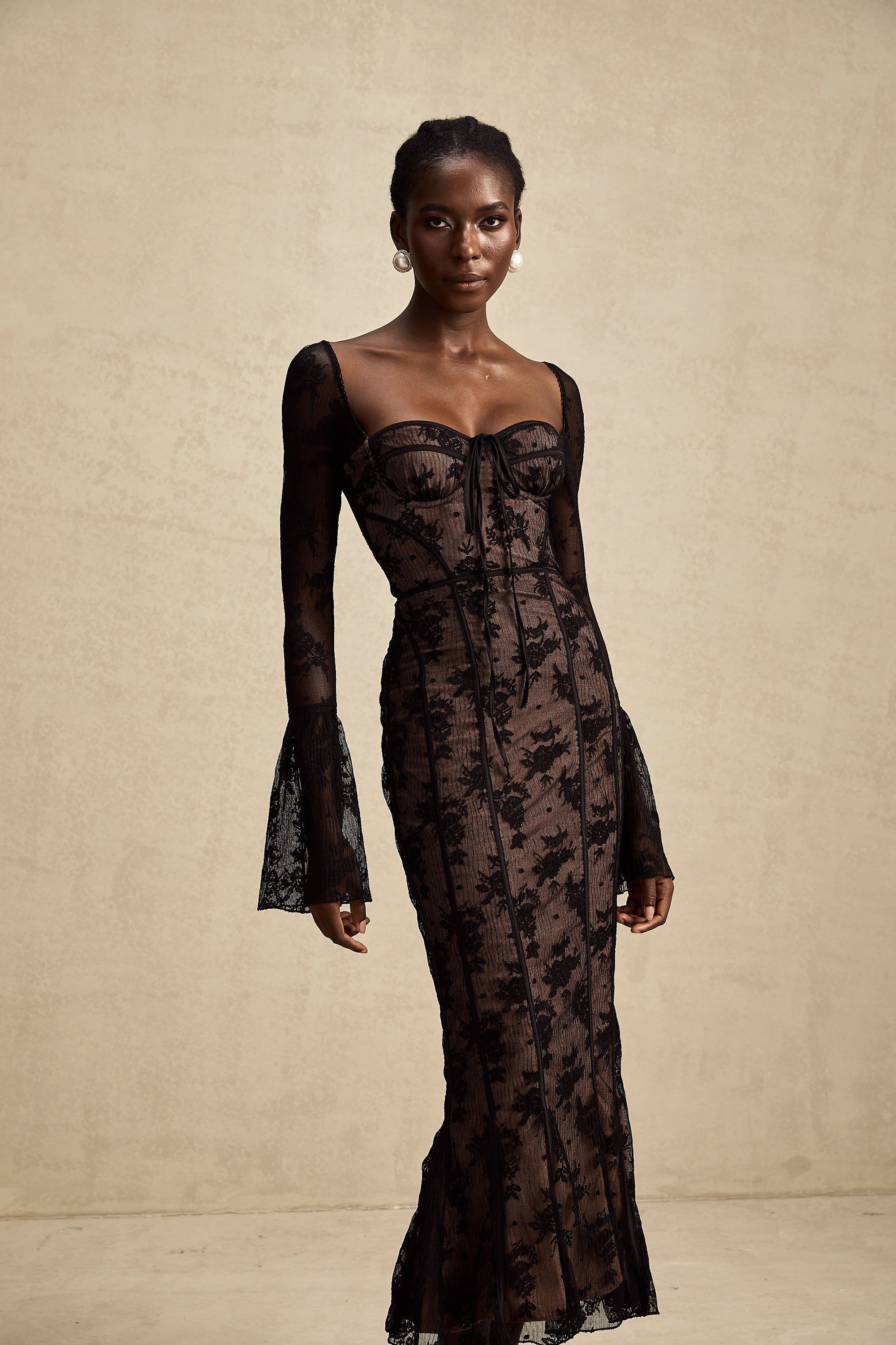 Marlene Black Flared Lace Maxi Dress (Final Sale)
