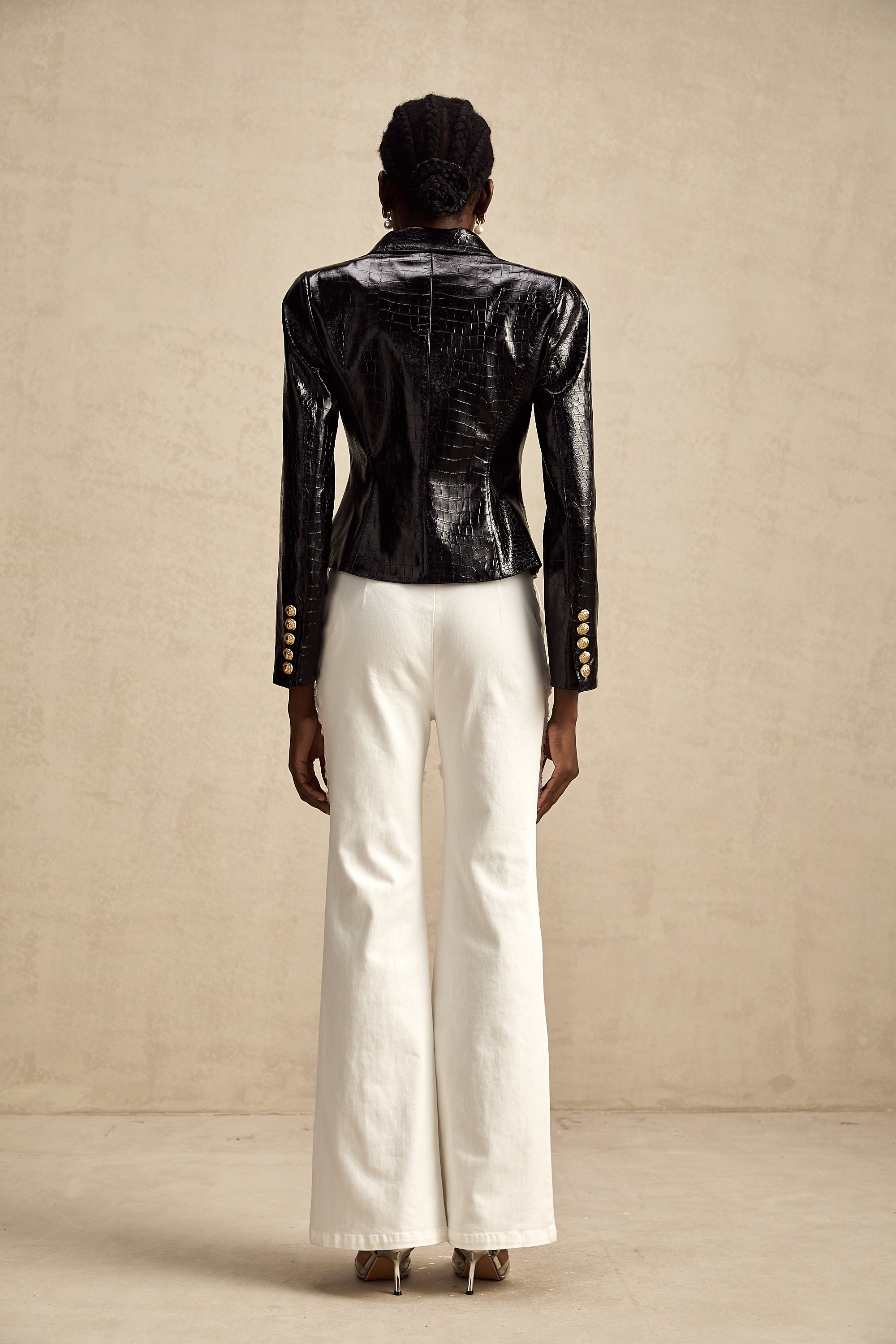 Élodie black cinched-waist leather jacket (Final Sale)