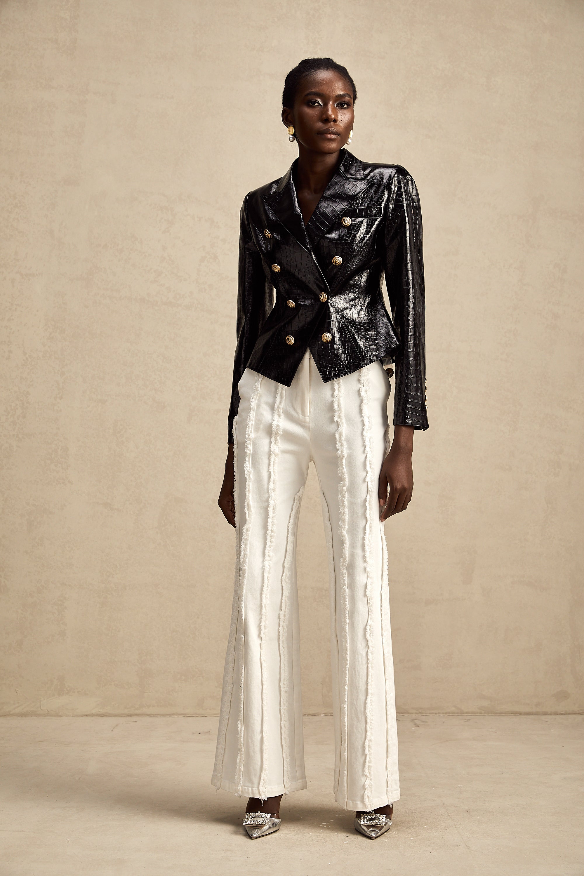 Élodie black cinched-waist leather jacket (Final Sale)