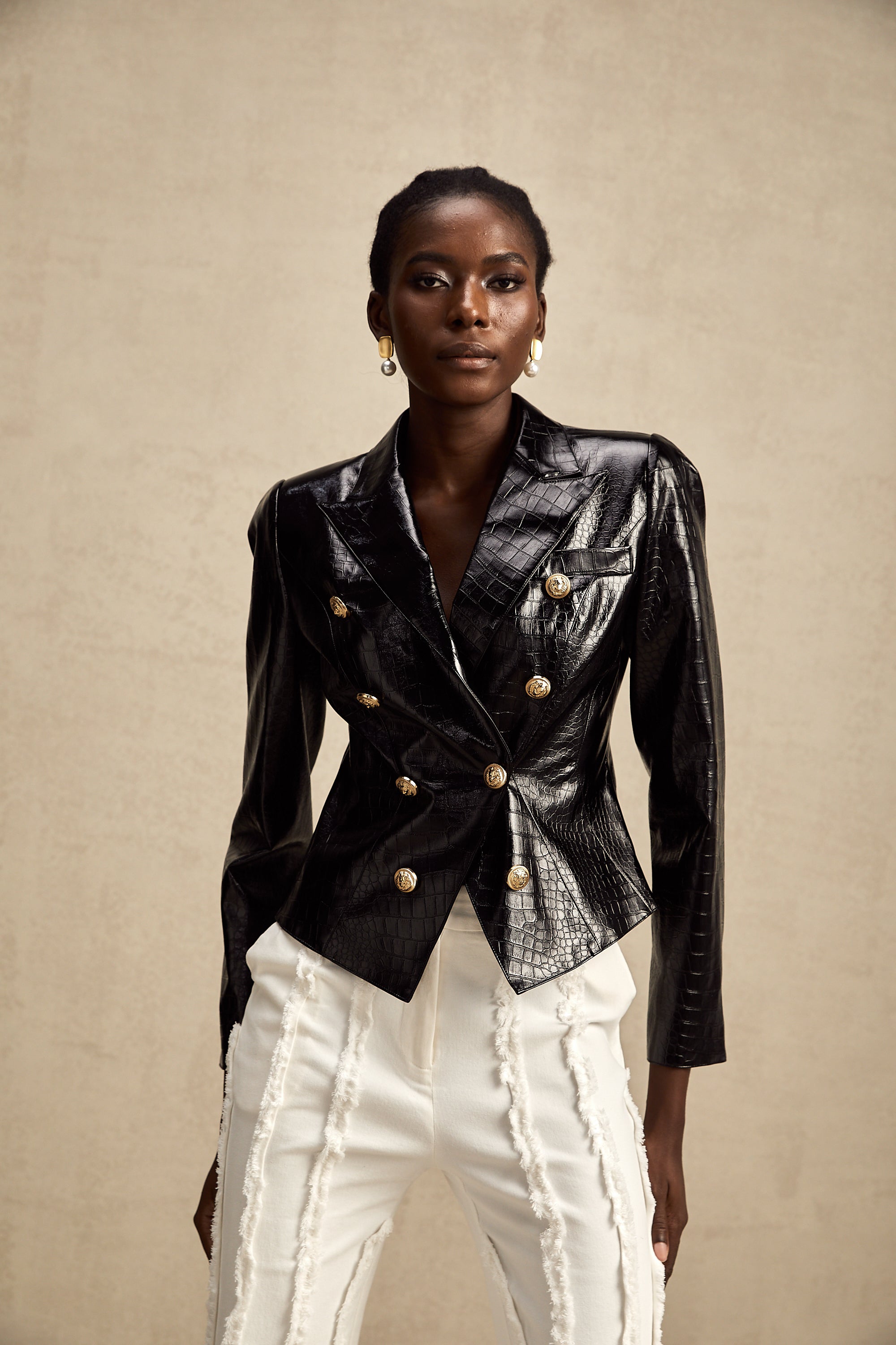 Élodie black cinched-waist leather jacket (Final Sale)