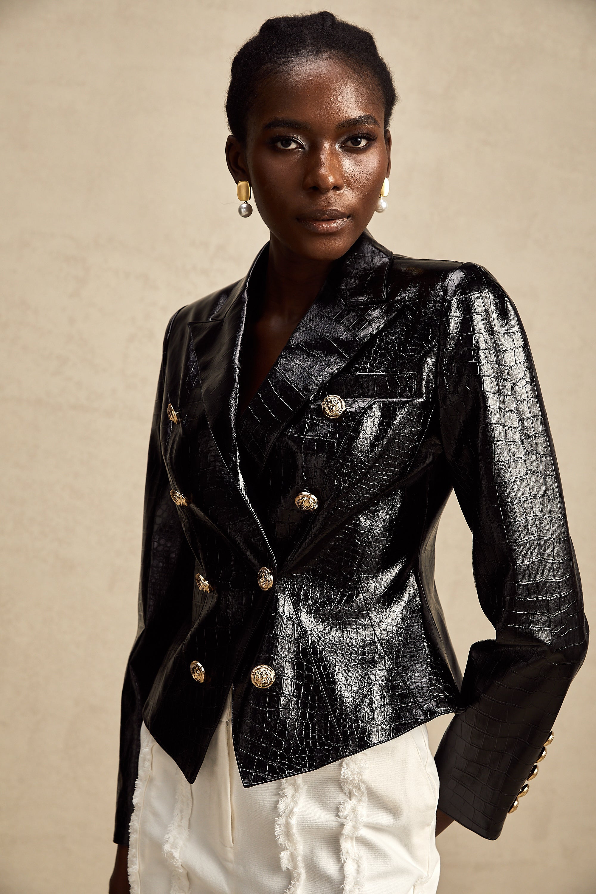 Élodie black cinched-waist leather jacket (Final Sale)