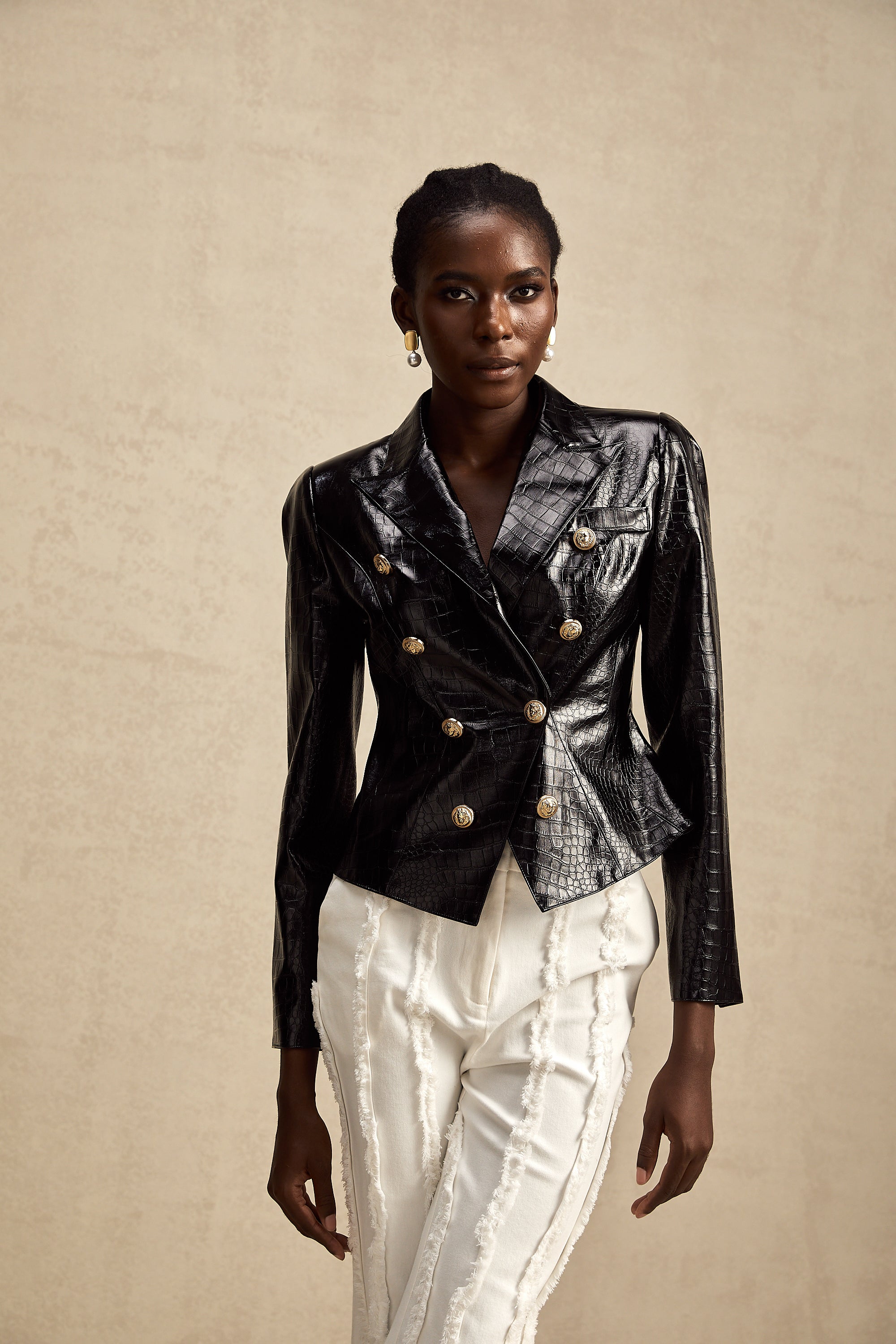Élodie black cinched-waist leather jacket (Final Sale)