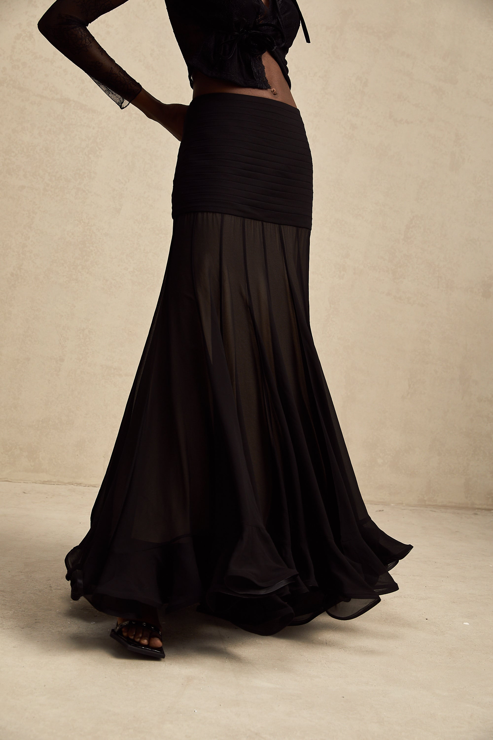 Jacqueline rayon ruffle pleated tulle maxi skirt