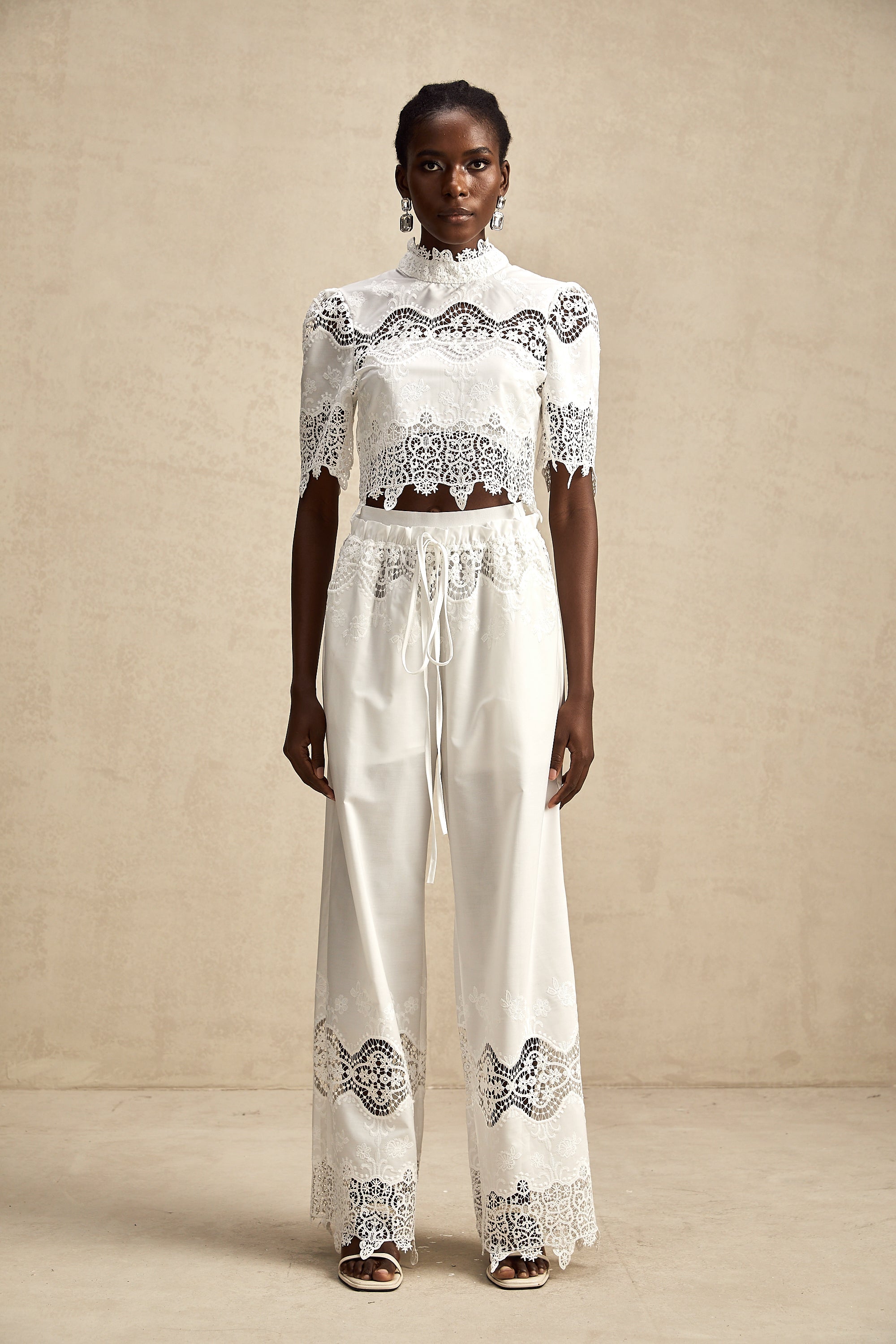 Raphaëlle lace-trim cut-out cropped top & trousers matching set (Final Sale)