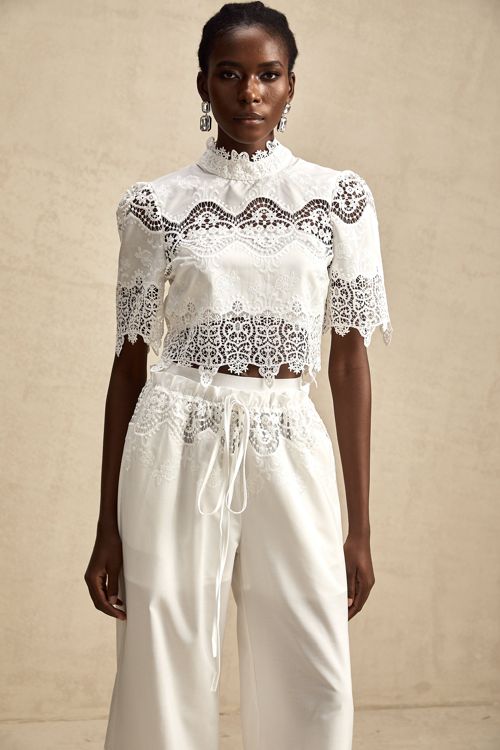 Raphaëlle lace-trim cut-out cropped top & trousers matching set (Final Sale)