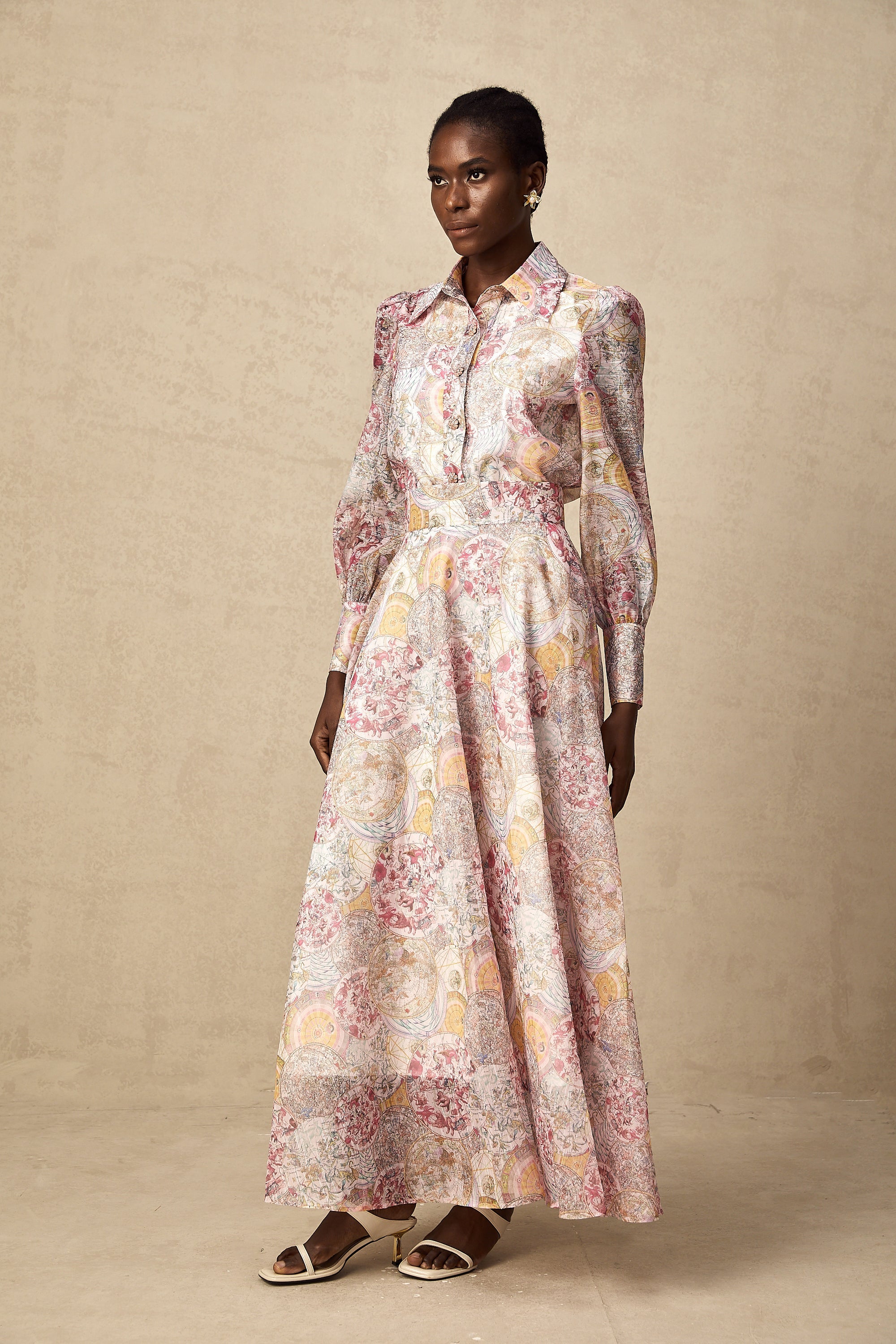 Cherry pink pattern-print shirt & skirt matching set（Final Sale-US Only)