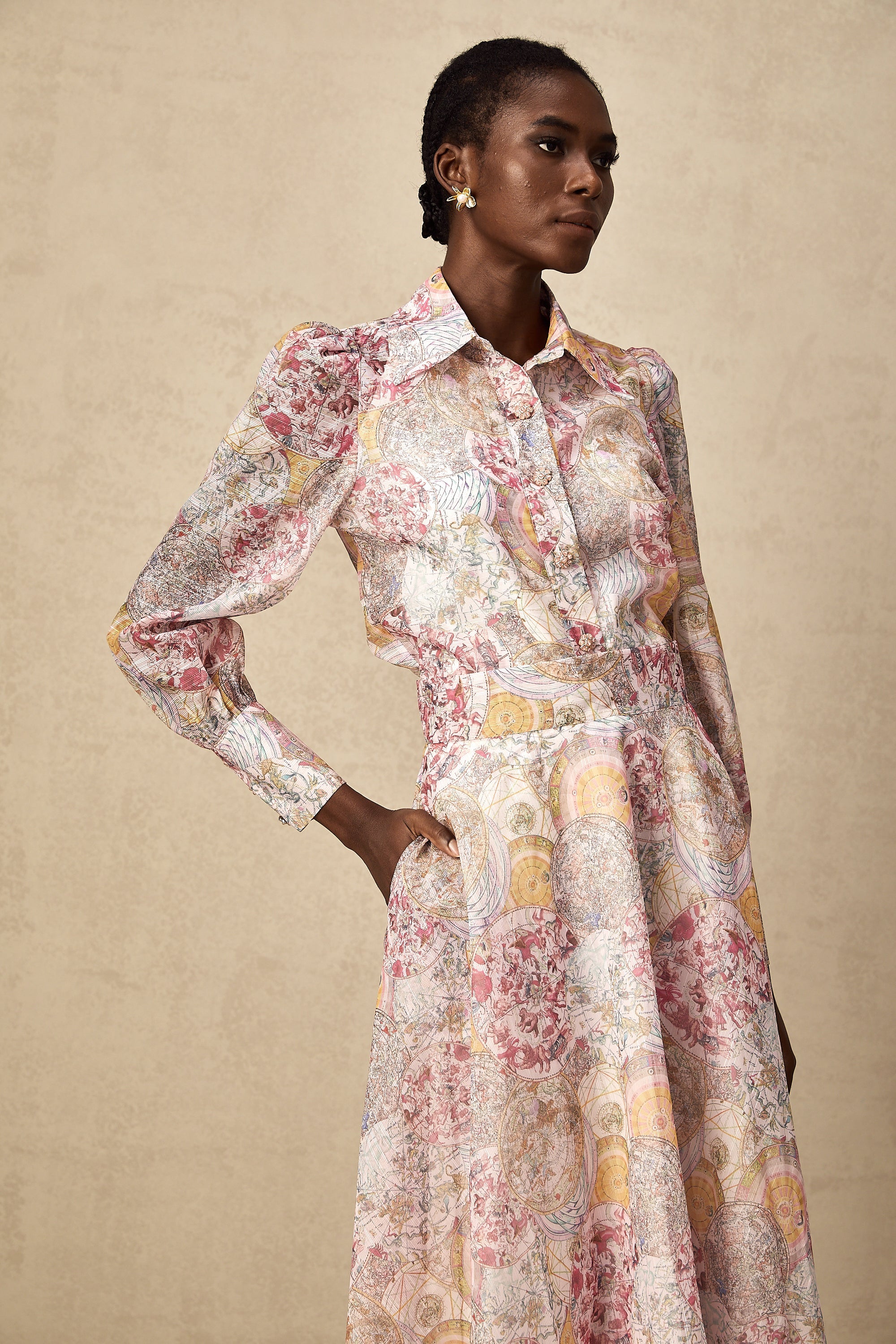 Cherry pink pattern-print shirt & skirt matching set（Final Sale）