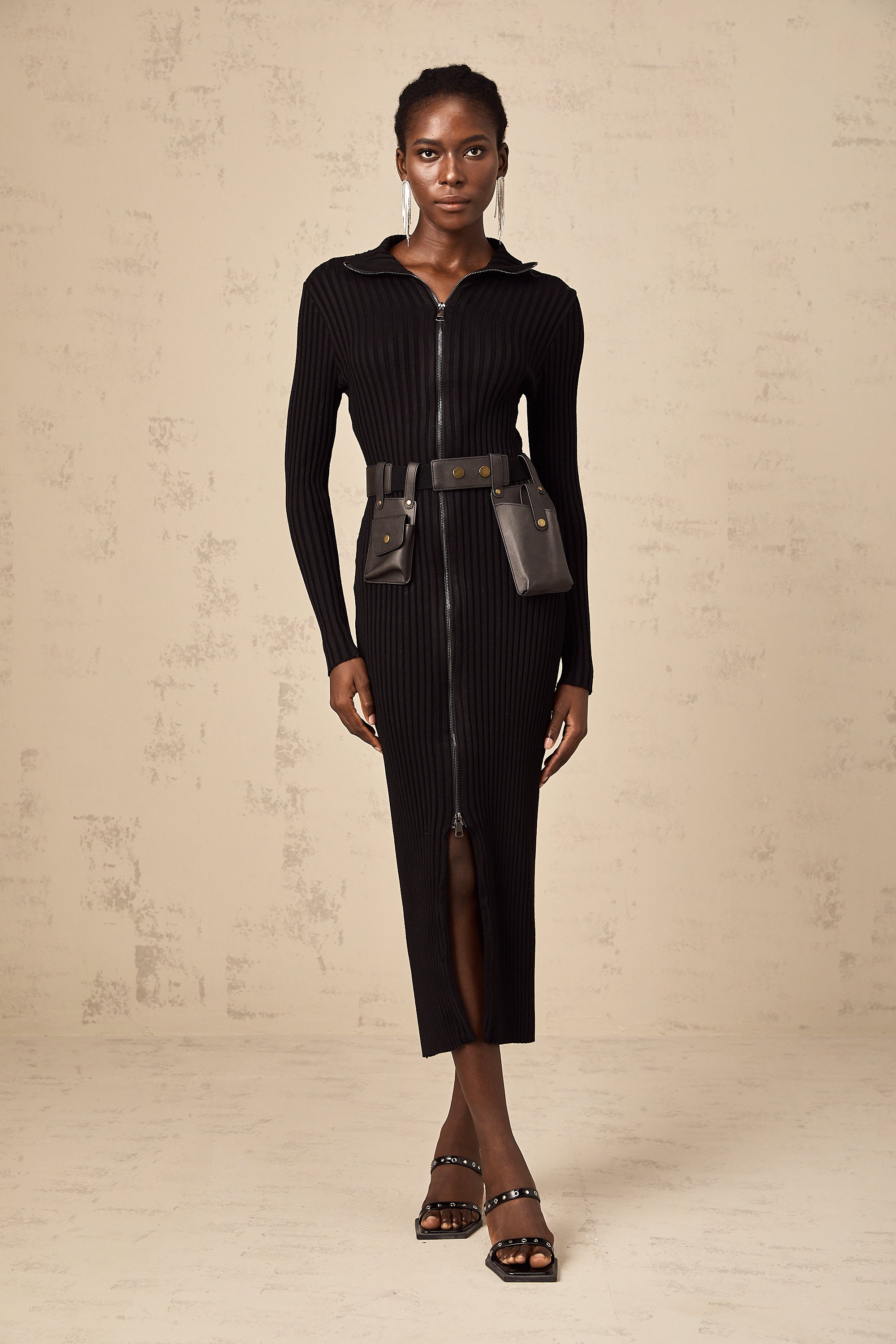 Nicoletta black front-zip belted knit midi dress (Final Sale)