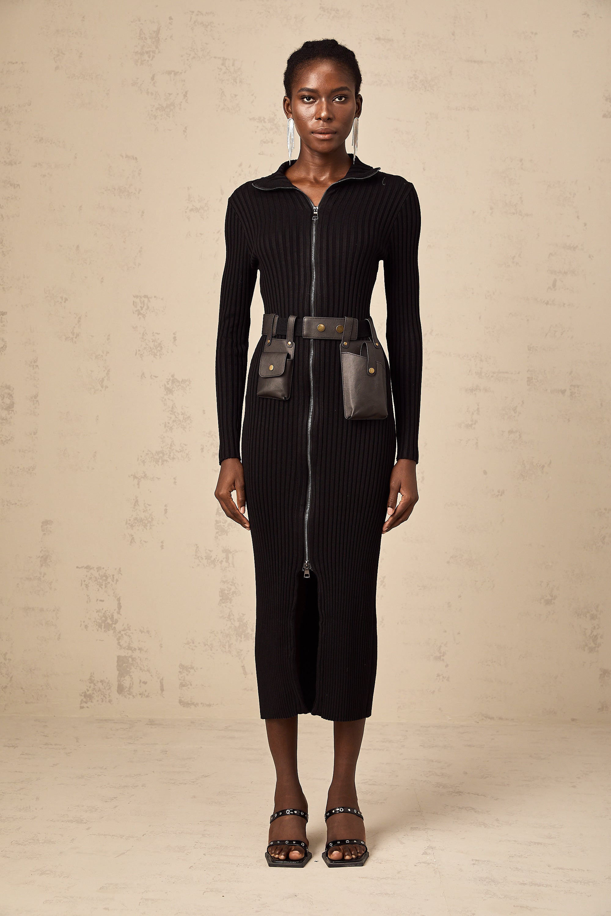 Nicoletta black front-zip belted knit midi dress (Final Sale)