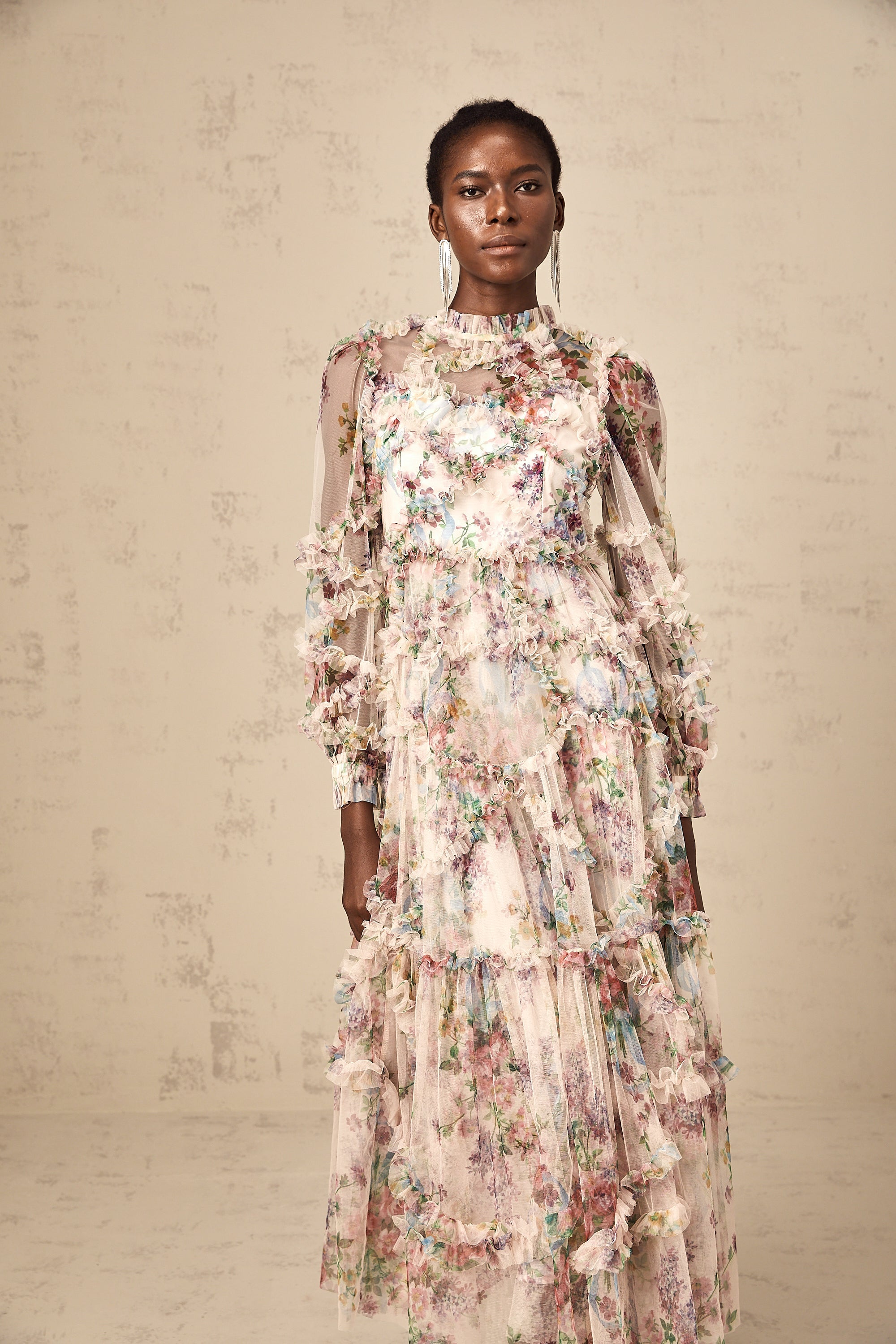 Candice floral ruffled tulle midi dress (Final Sale-US Only)
