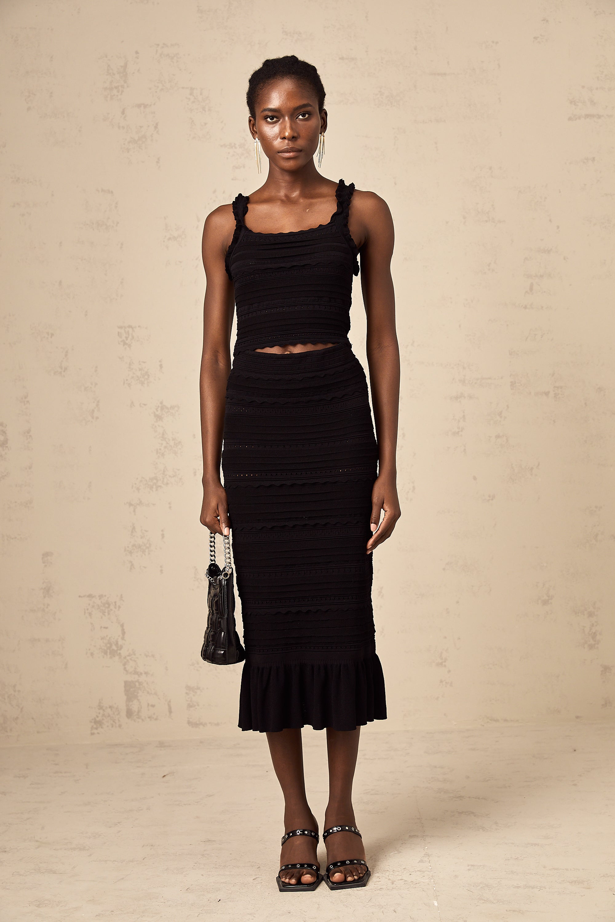 Céleste black knitted ruffled top & skirt matching set (Final Sale-US Only)