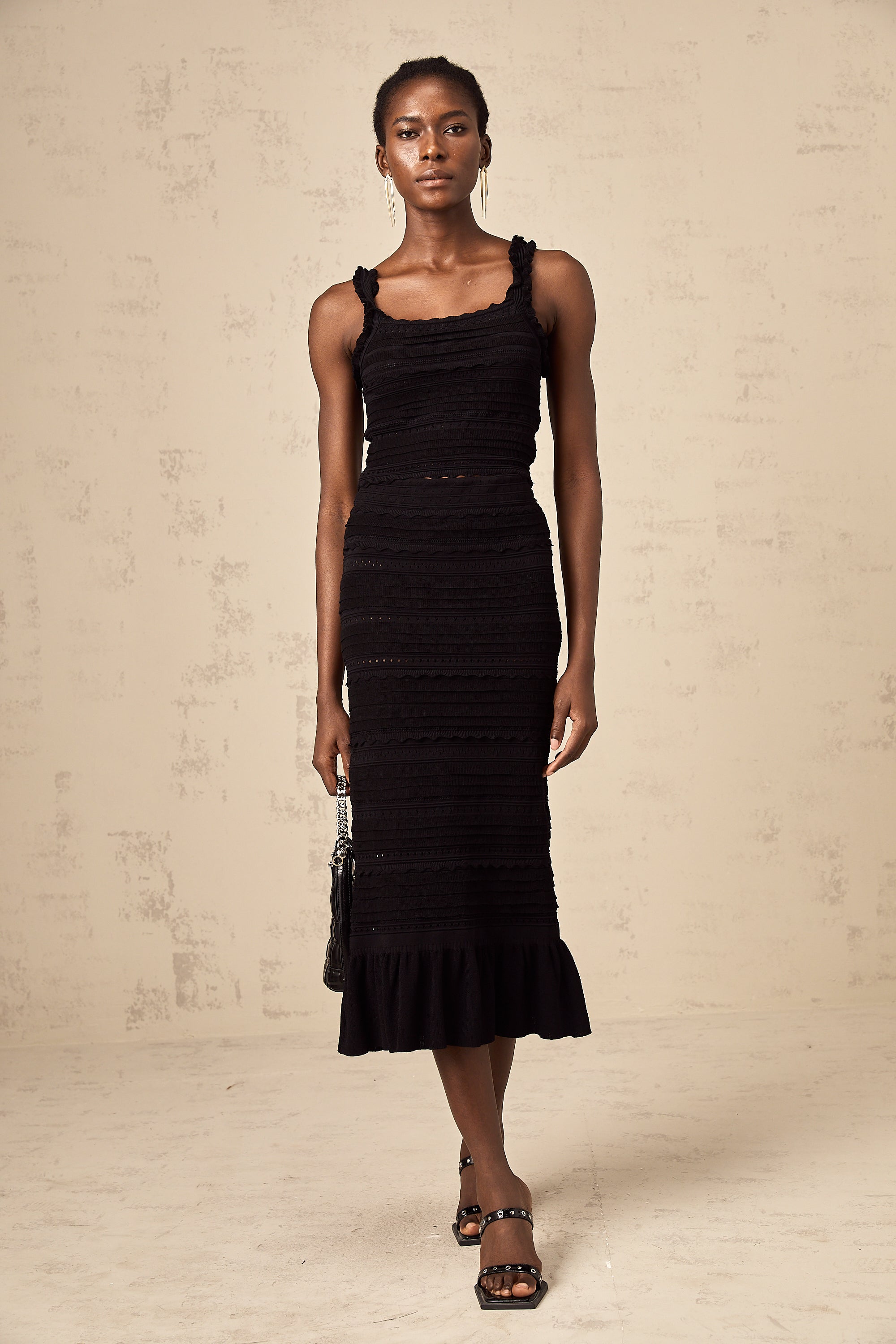 Céleste black knitted ruffled top & skirt matching set (Final Sale-US Only)