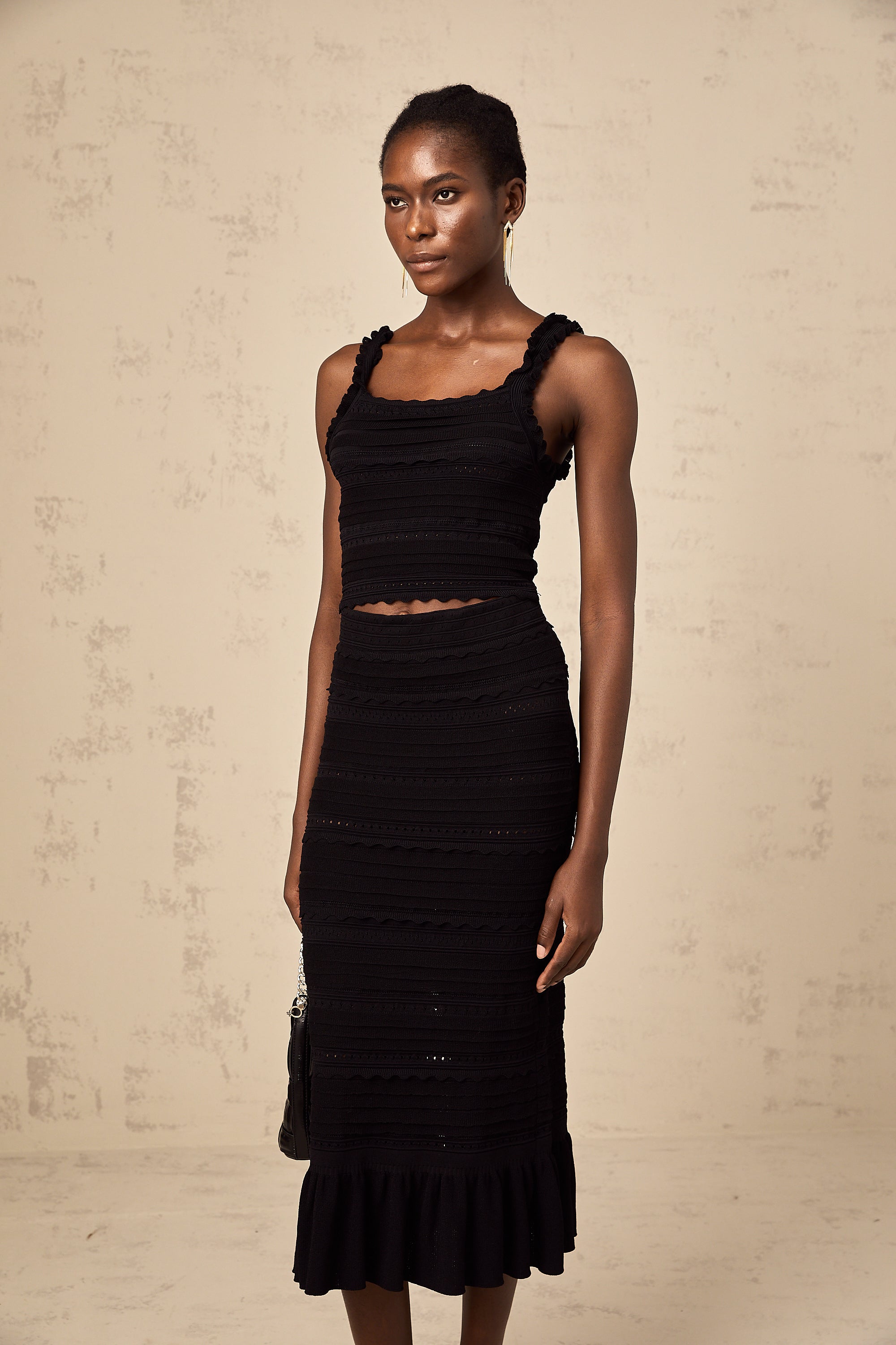 Céleste black knitted ruffled top & skirt matching set (Final Sale-US Only)