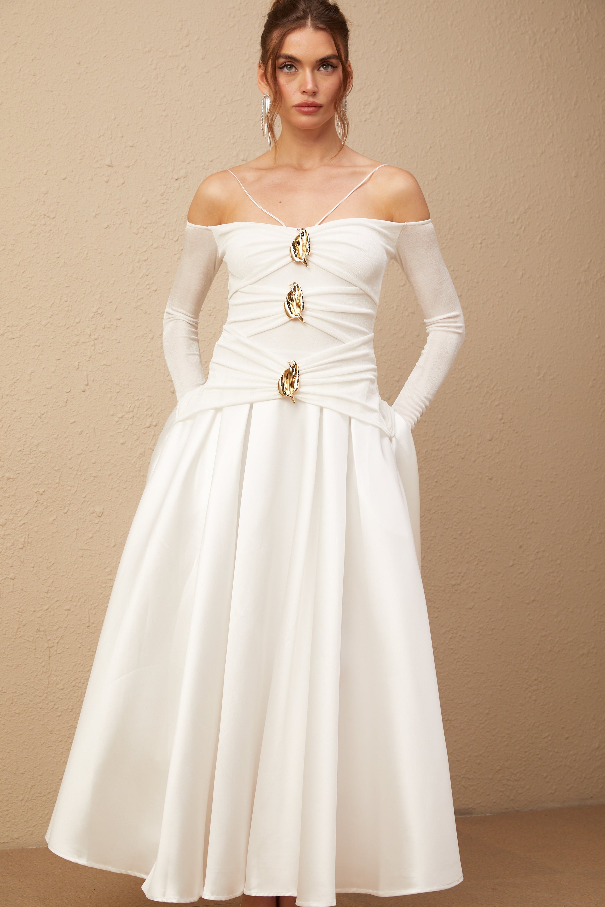 Nadine off-shoulder panelled maxi dress in White (Final Sale)