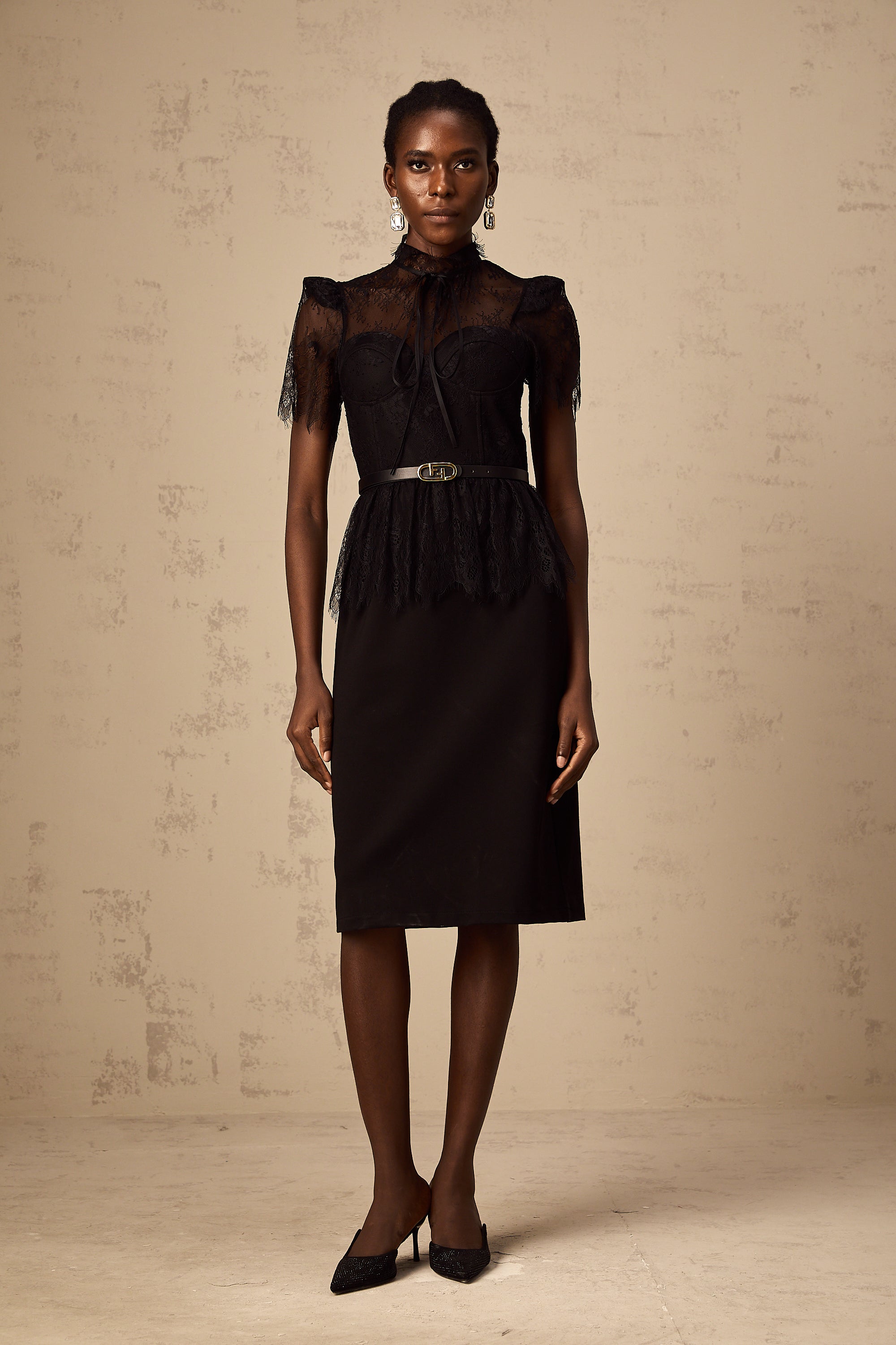 Thérèse black guipure-lace panelled midi dress (Without belt) (Final Sale)