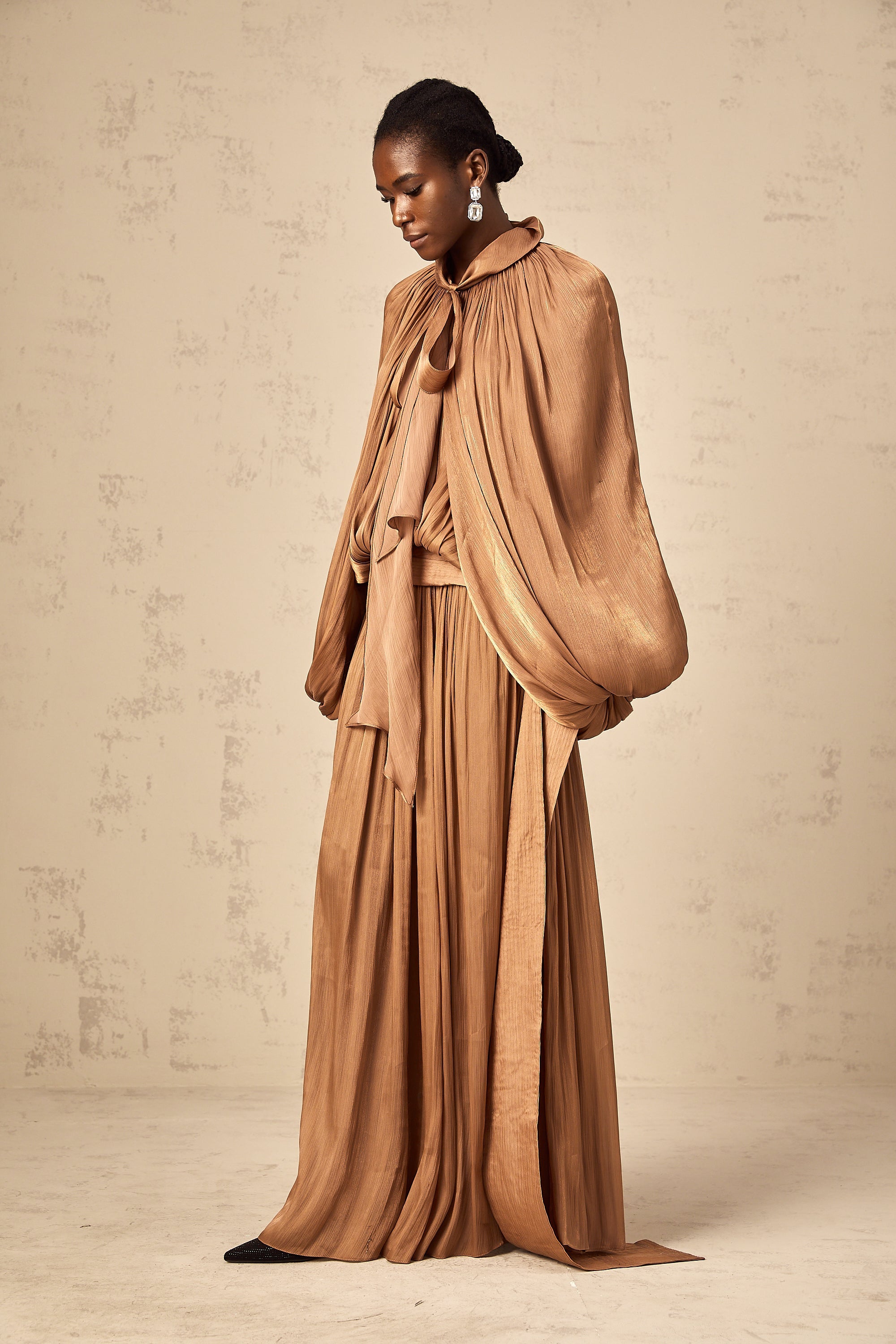Mila Brown Pleated Satin Maxi Dress (Final Sale-US Only)