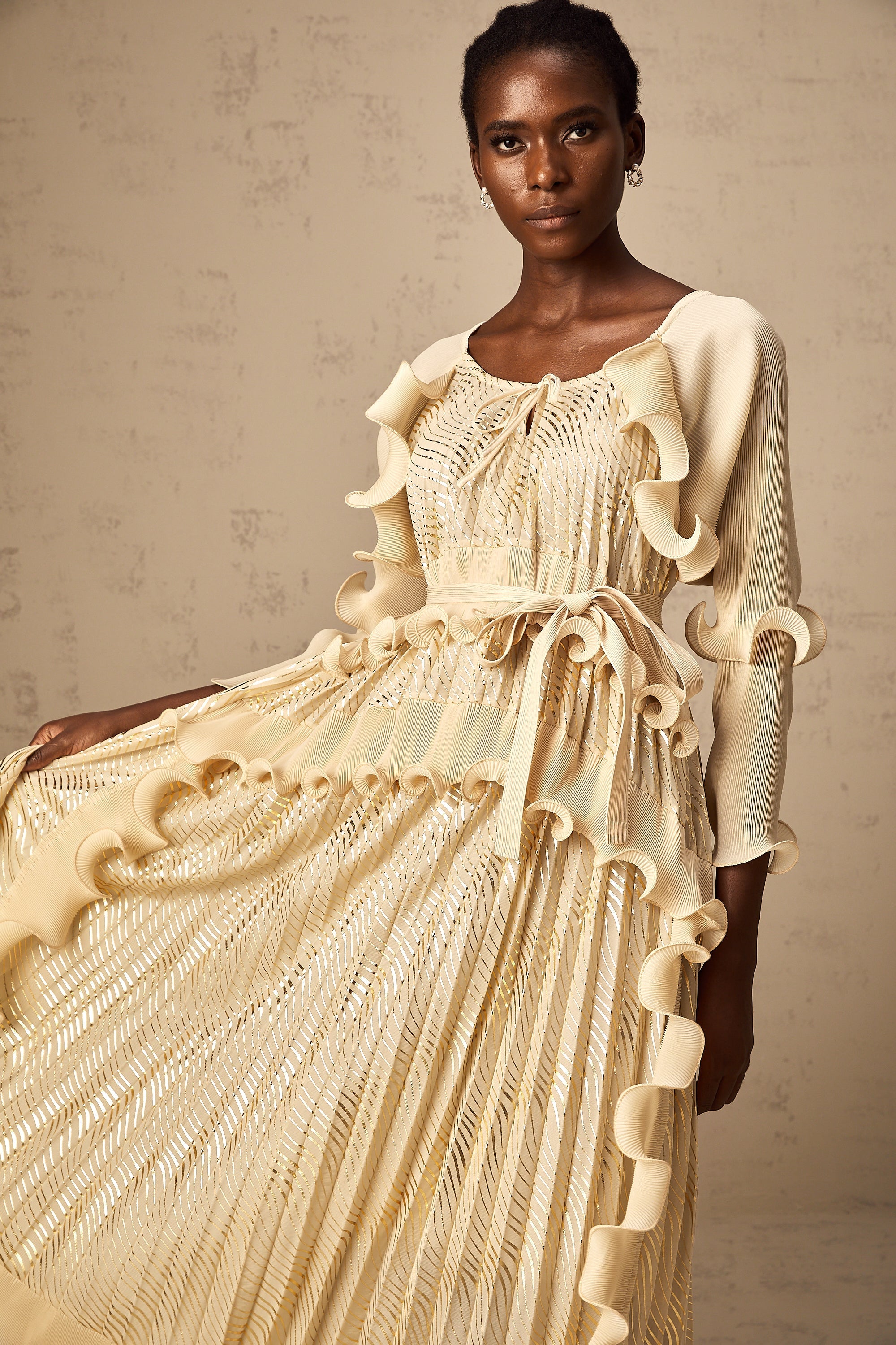 Ellie neutrals gilded ruffled midi dress