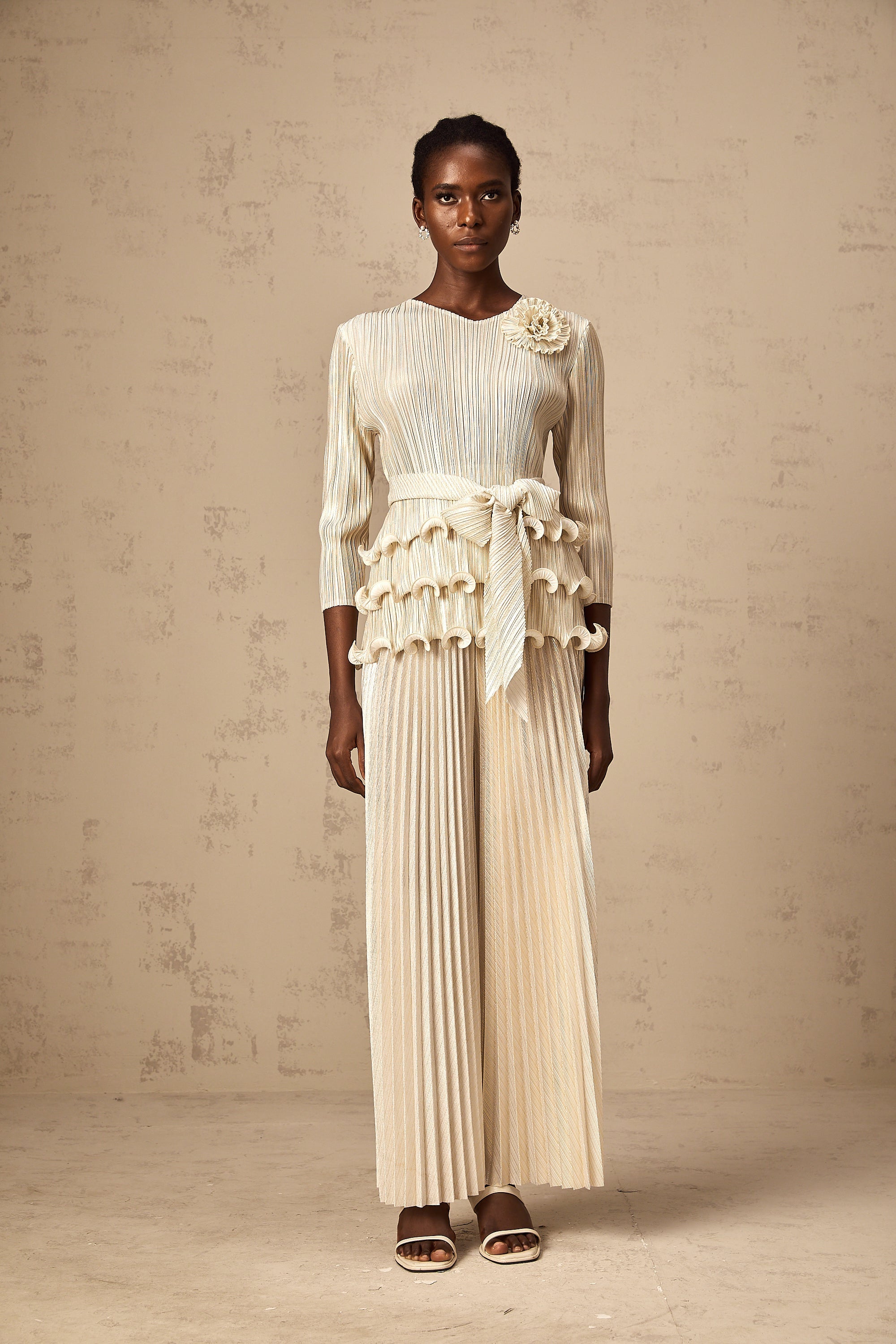 Cloris floral-appliqué ruffled pleated top & trousers (Final Sale)