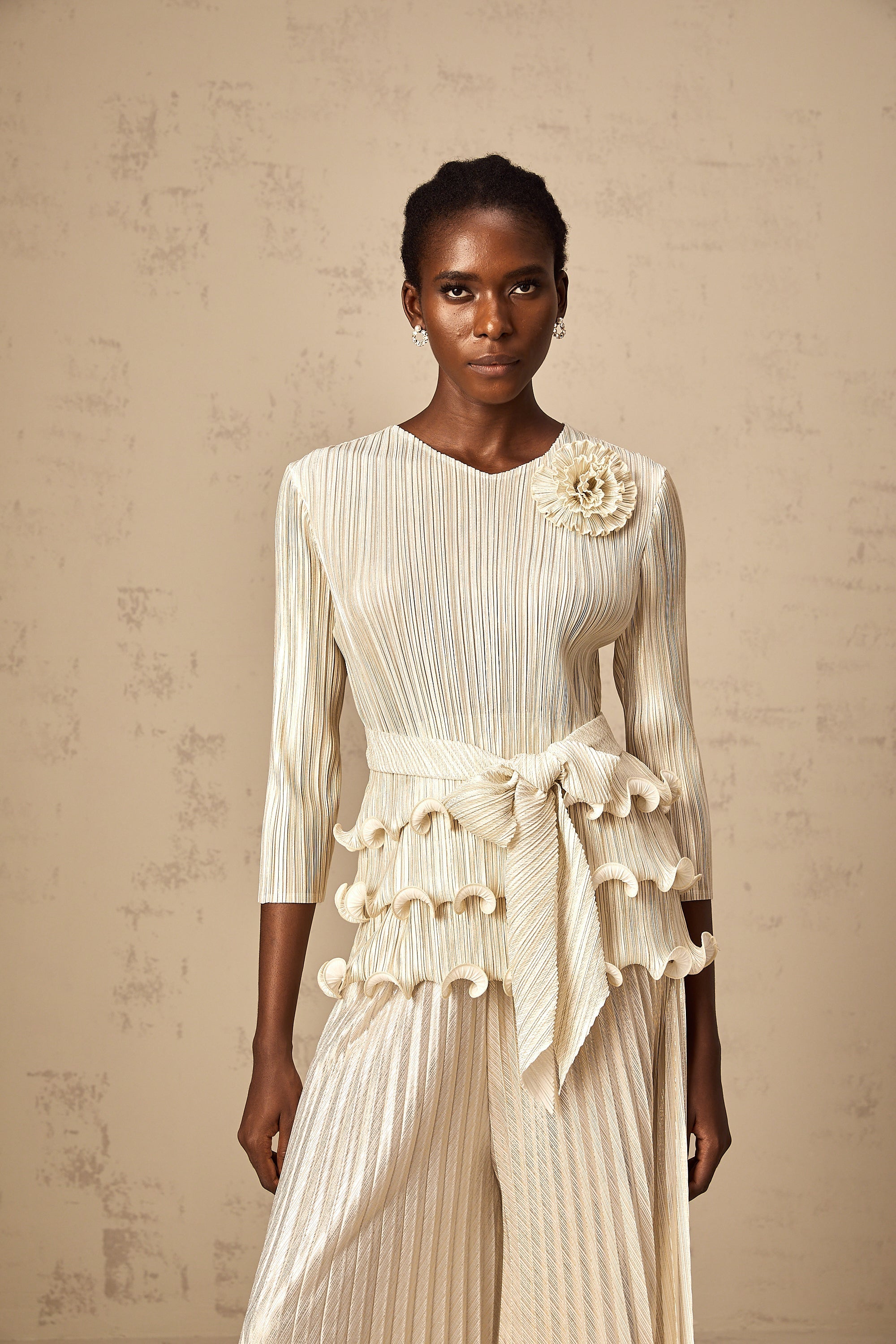 Cloris floral-appliqué ruffled pleated top & trousers (Final Sale)